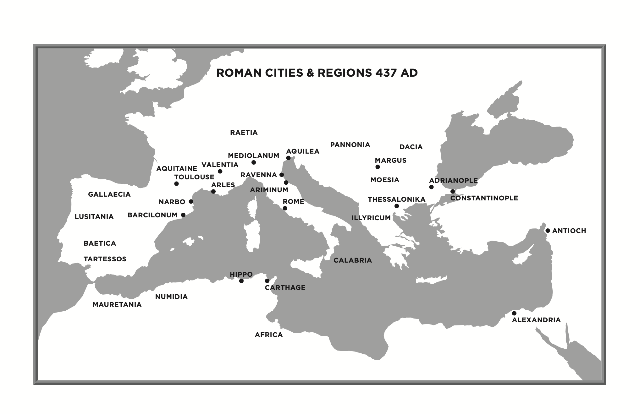 Map of Roman cities and regions in 437 AD