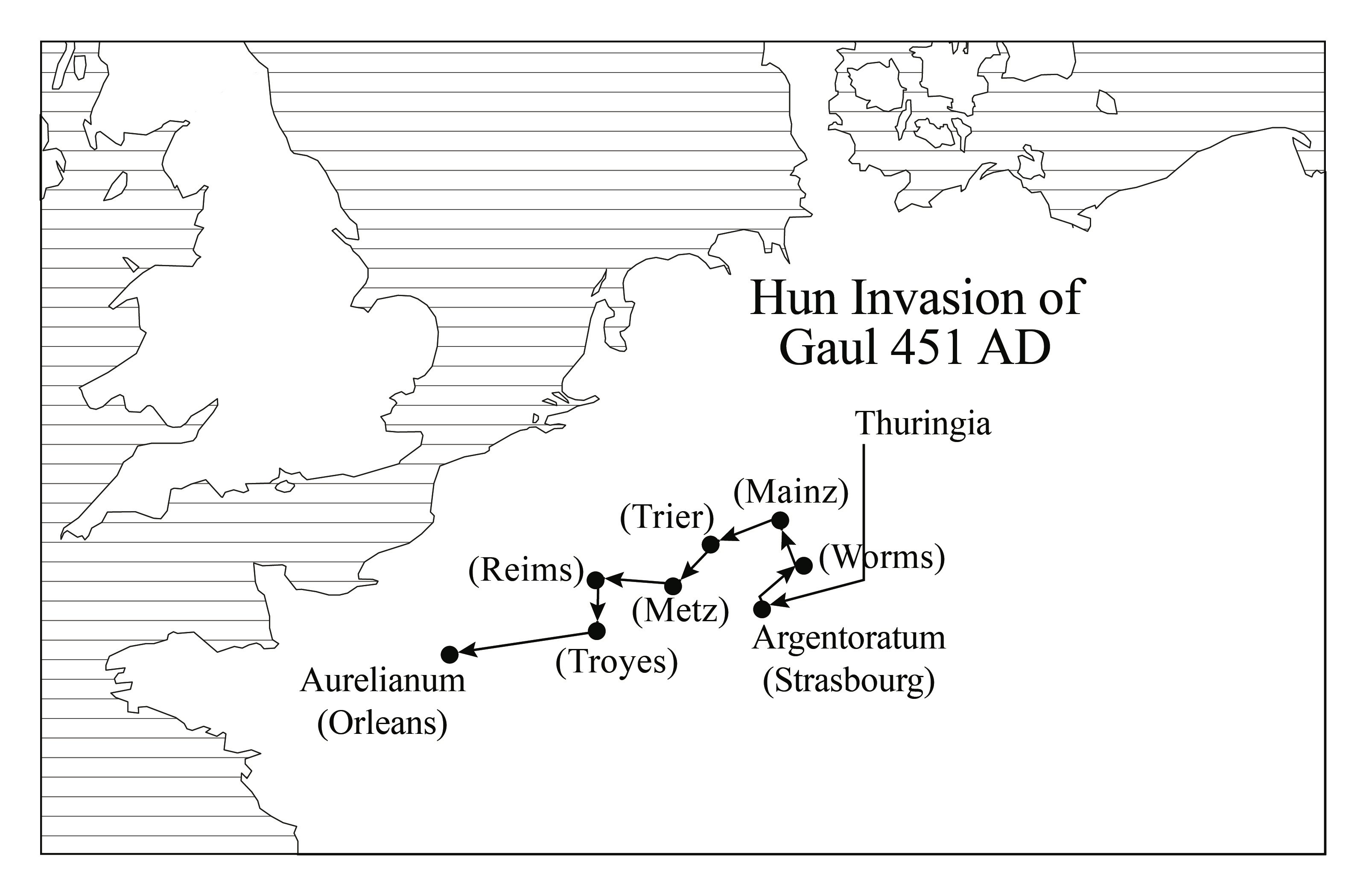 Map of Hun invasion of Western Europe in 451 AD