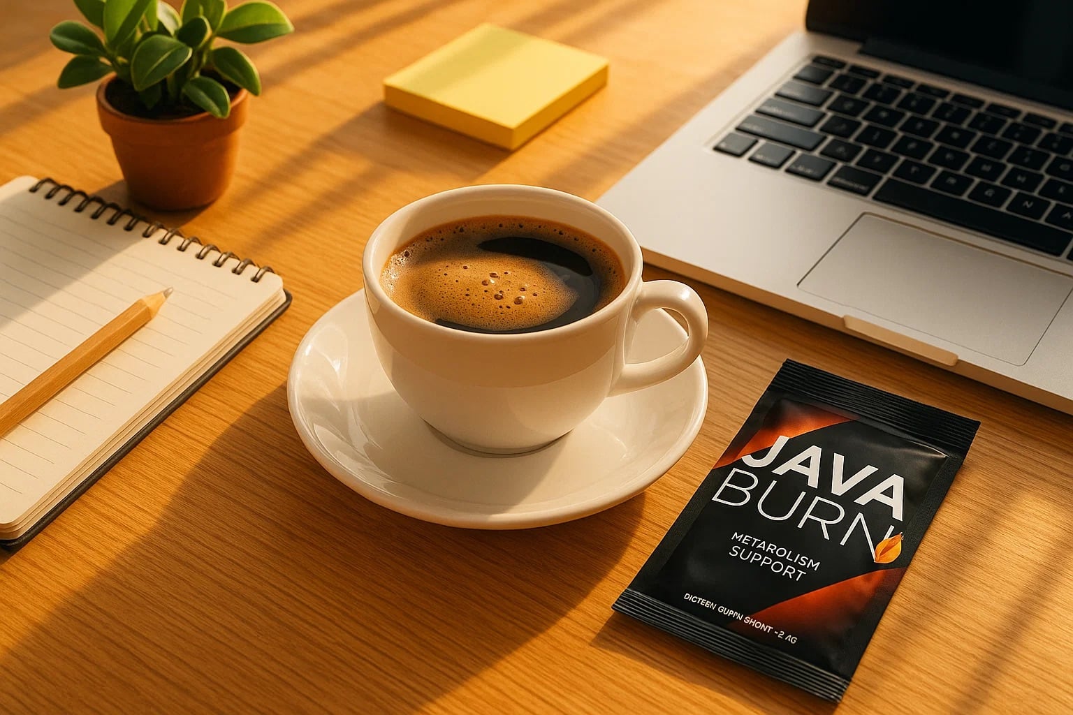 Image of a Java Burn packet next to a cup of coffee and a laptop