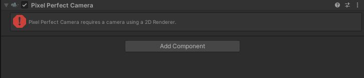 Screenshot of the Unity's pixel-perfect camera error saying that it requires a 2D renderer to work.