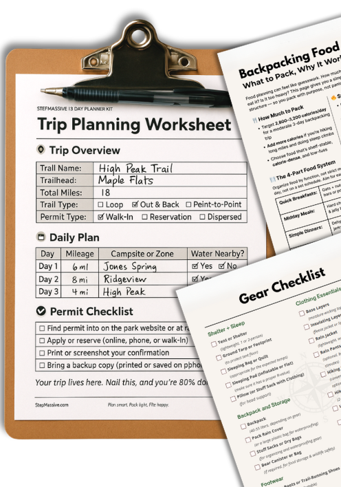 Preview pages from the 3-Day Backpacking Planner Kit, including a trip planning worksheet, daily mileage planner, and backpacking gear checklist.