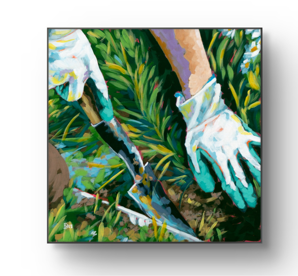 crafticana silvana manoliu romanian modern impressionist paintress acrylic painting wood panel making space garden gloves hands trowel soil grass green gardening
