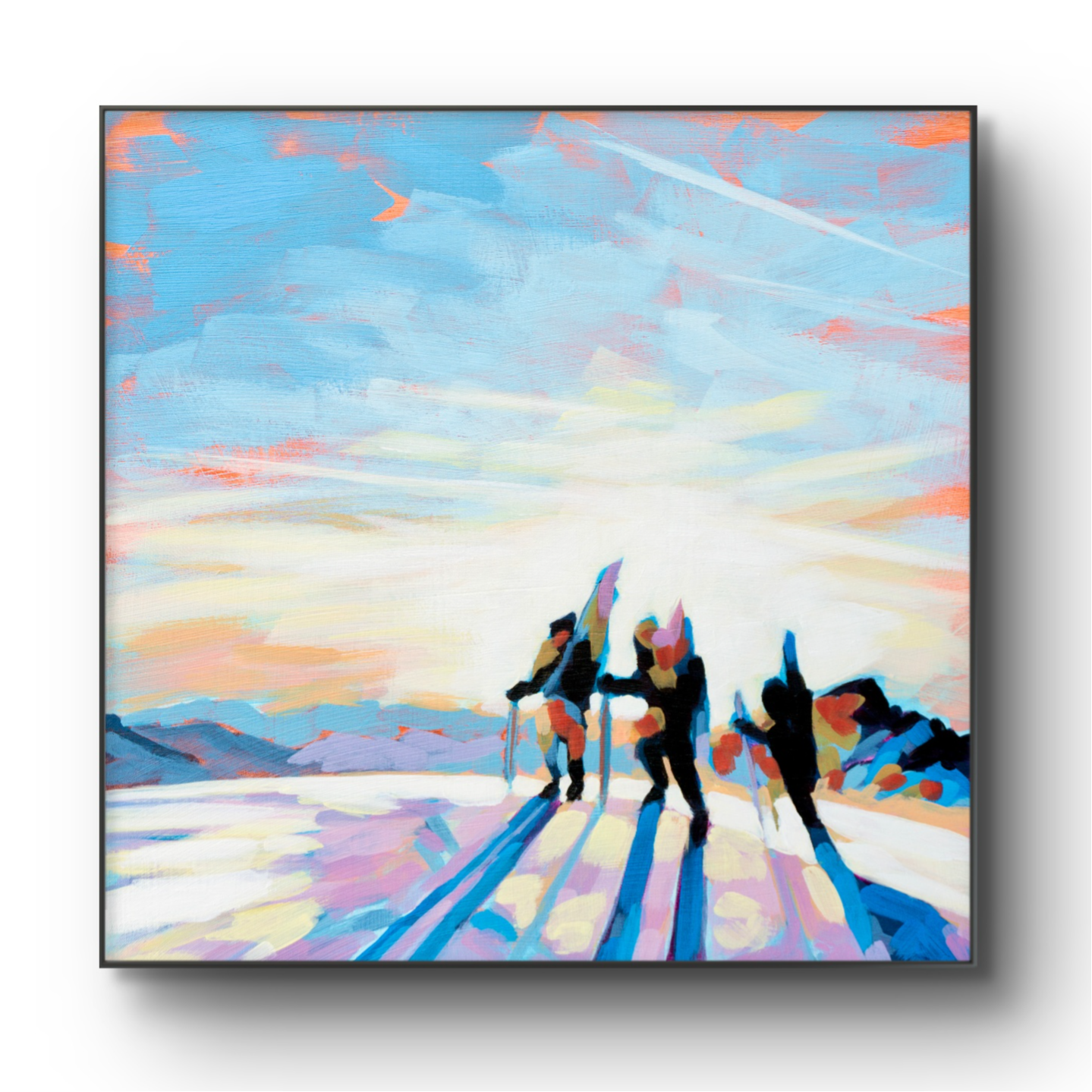 crafticana silvana manoliu romanian modern impressionist paintress painter artist acrylic painting wood panel sunset skiers winter fun series