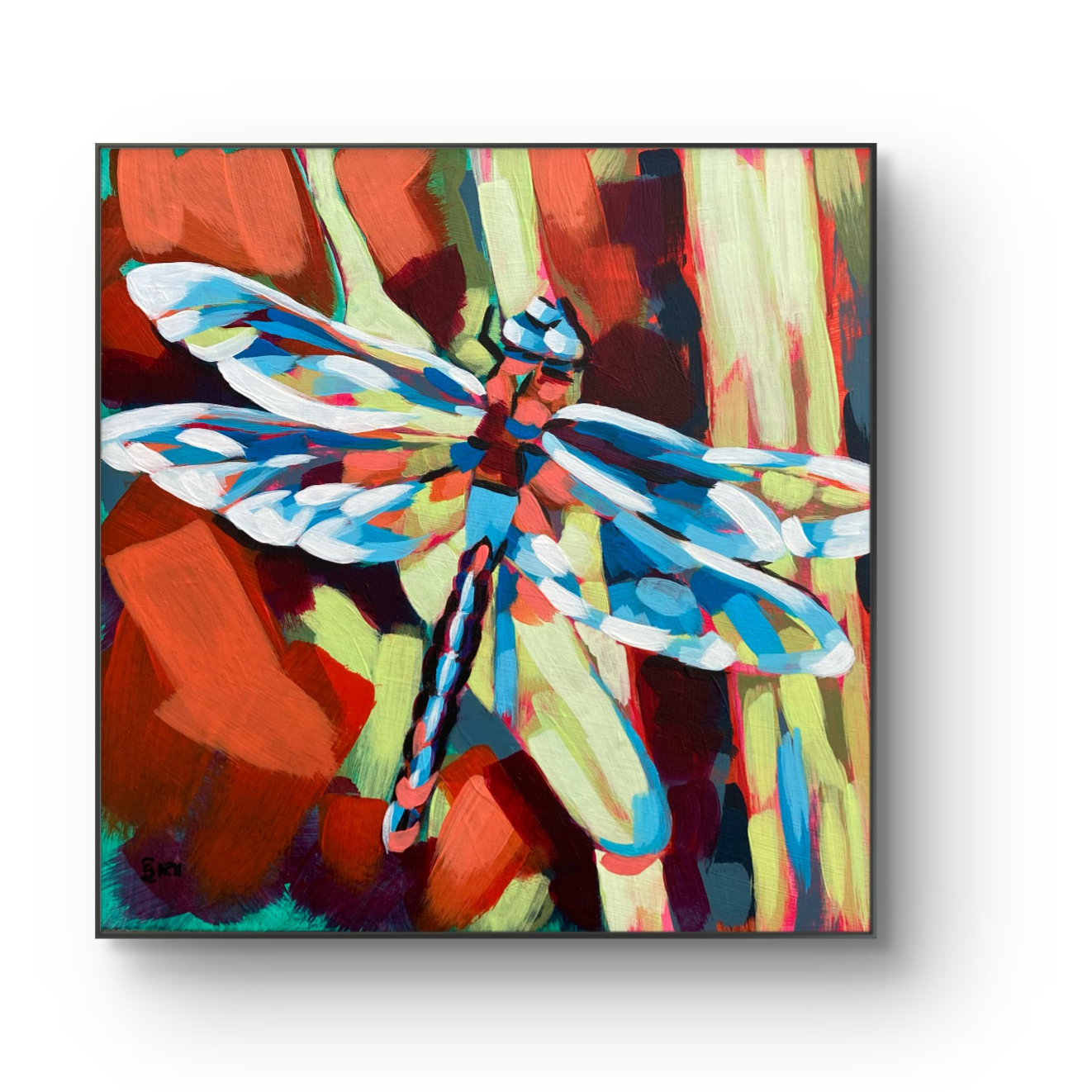 crafticana silvana manoliu romanian modern impressionist paintress painter artist acrylic painting wood panel garden bug dragonfly wings orange critter insect garden visitor green blue teal
