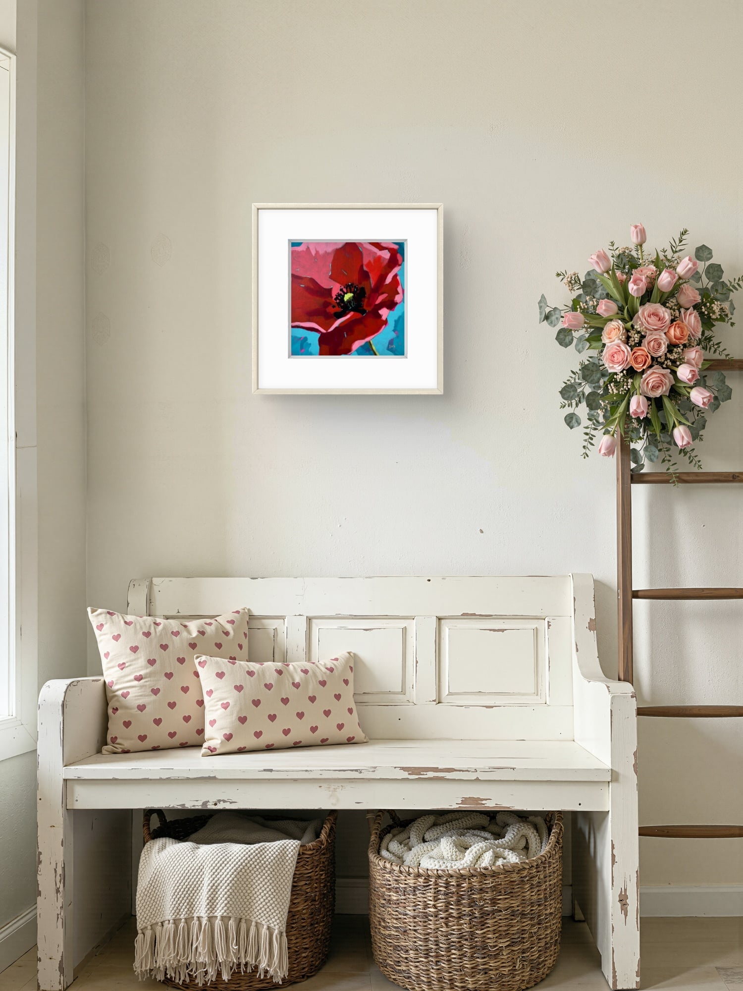 Mockup Red poppy modern impressionist acrylic painting on watercolour panel framed by artist Silvana-Andreea Manoliu Crafticana Flower Fever series 2026