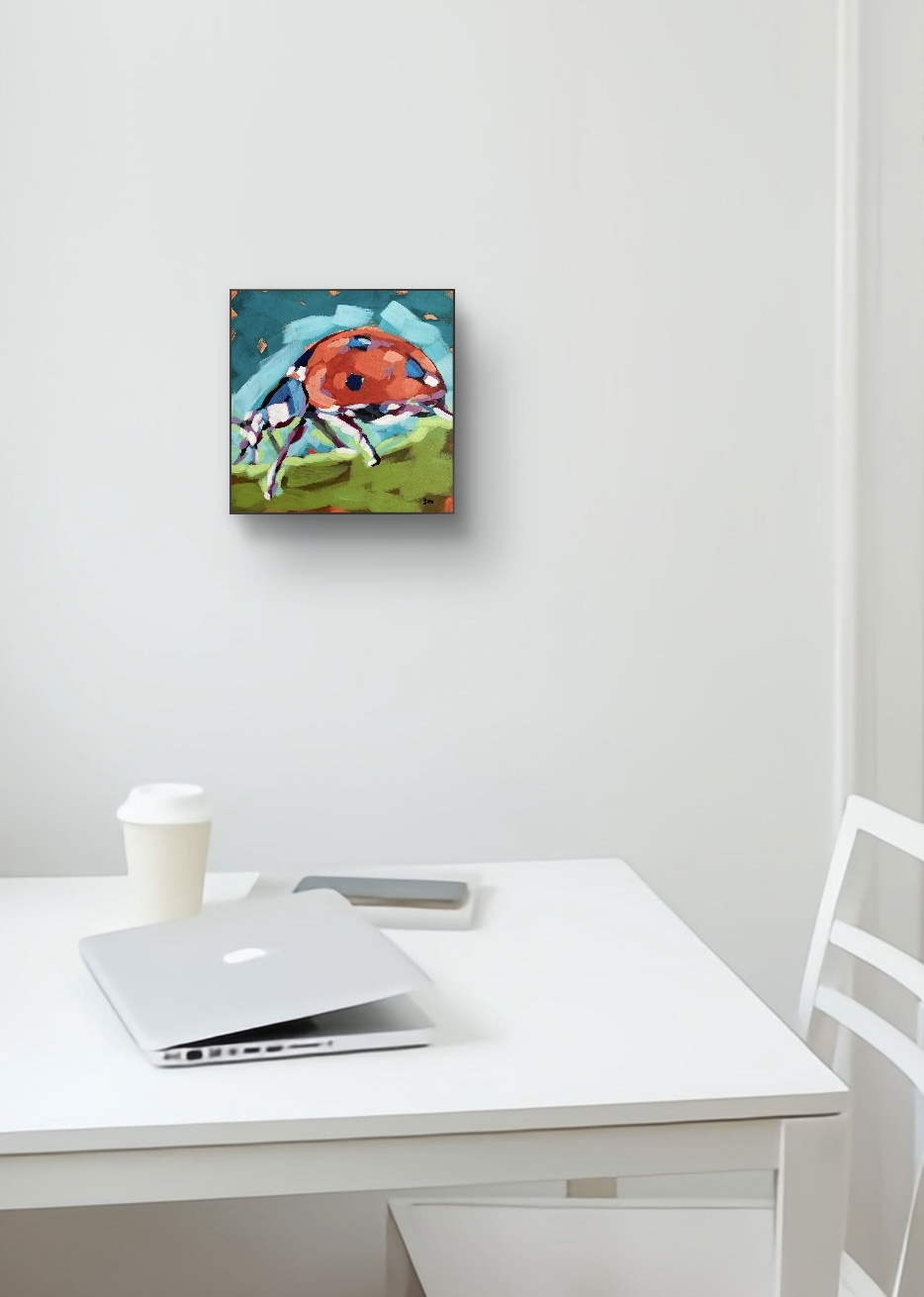 crafticana silvana manoliu romanian modern impressionist paintress painter artist acrylic painting wood panel garden bug ladybug critter insect garden visitor polka dot dots red green blue teal room mock-up