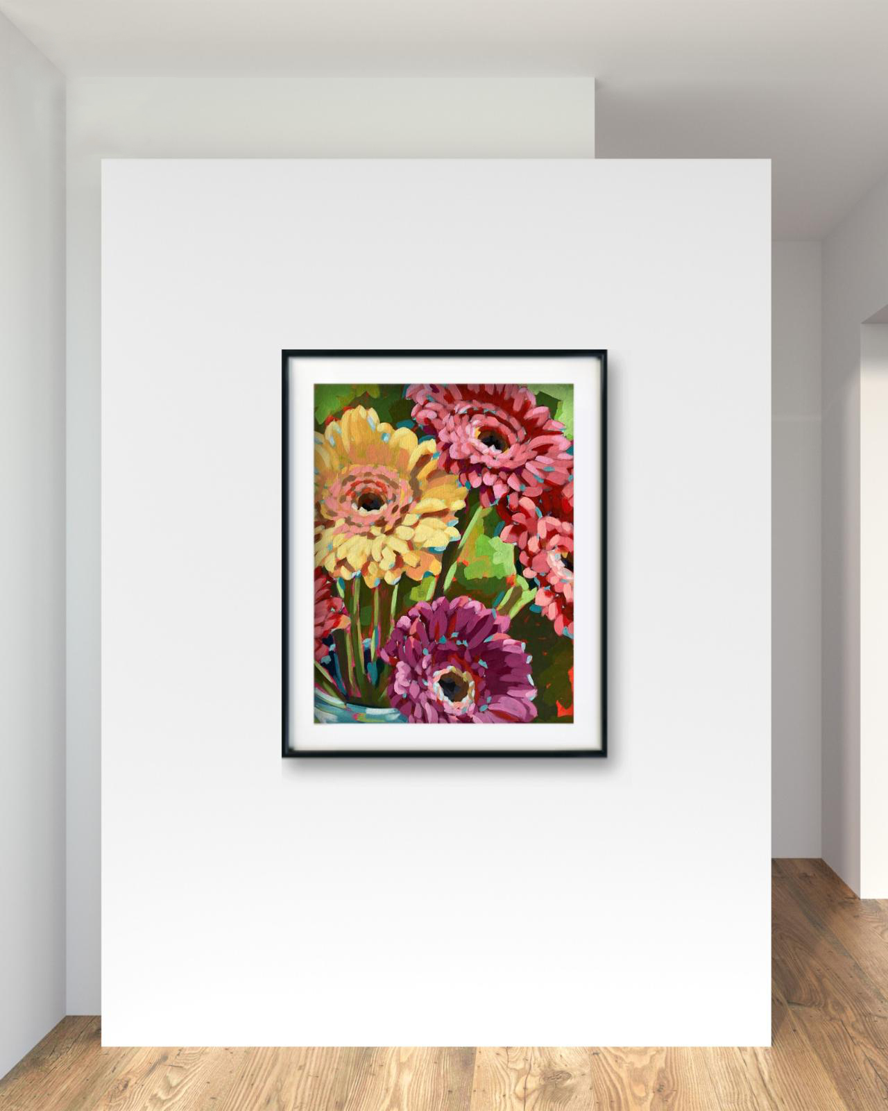 crafticana silvana manoliu romanian modern impressionist paintress painter artist acrylic painting canvas panel gerbera bouquet interior mockup