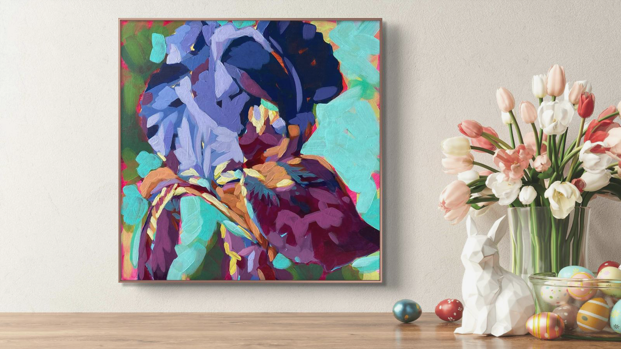 crafticana silvana manoliu romanian modern impressionist paintress painter artist acrylic painting wood panel iris interior mockup