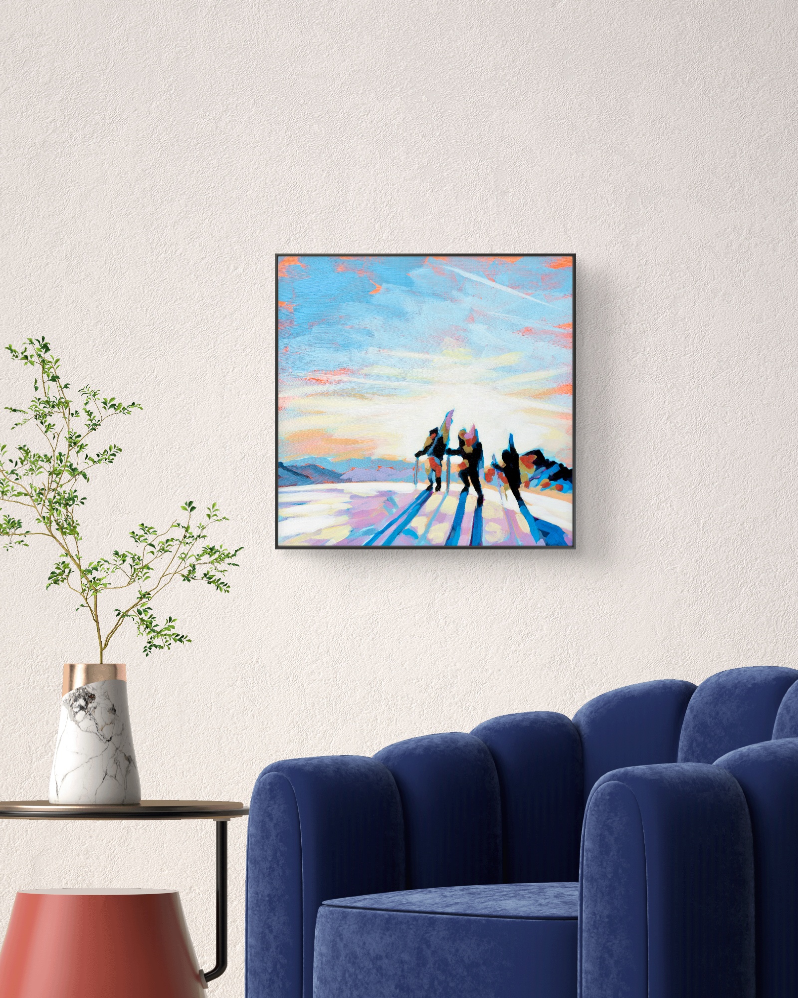 crafticana silvana manoliu romanian modern impressionist paintress painter artist acrylic painting wood panel sunset skiers winter fun series interior mockup