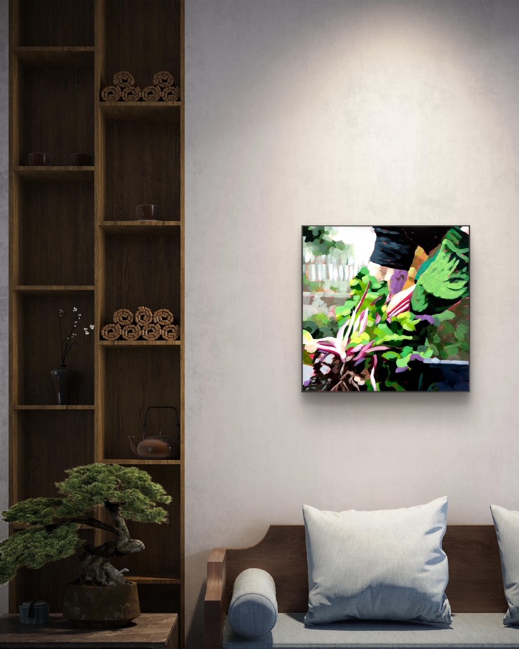 crafticana silvana manoliu romanian modern impressionist paintress acrylic painting wood panel for the love of dirt gloves hands gardening beet leaves garden roots soil room mock-up
