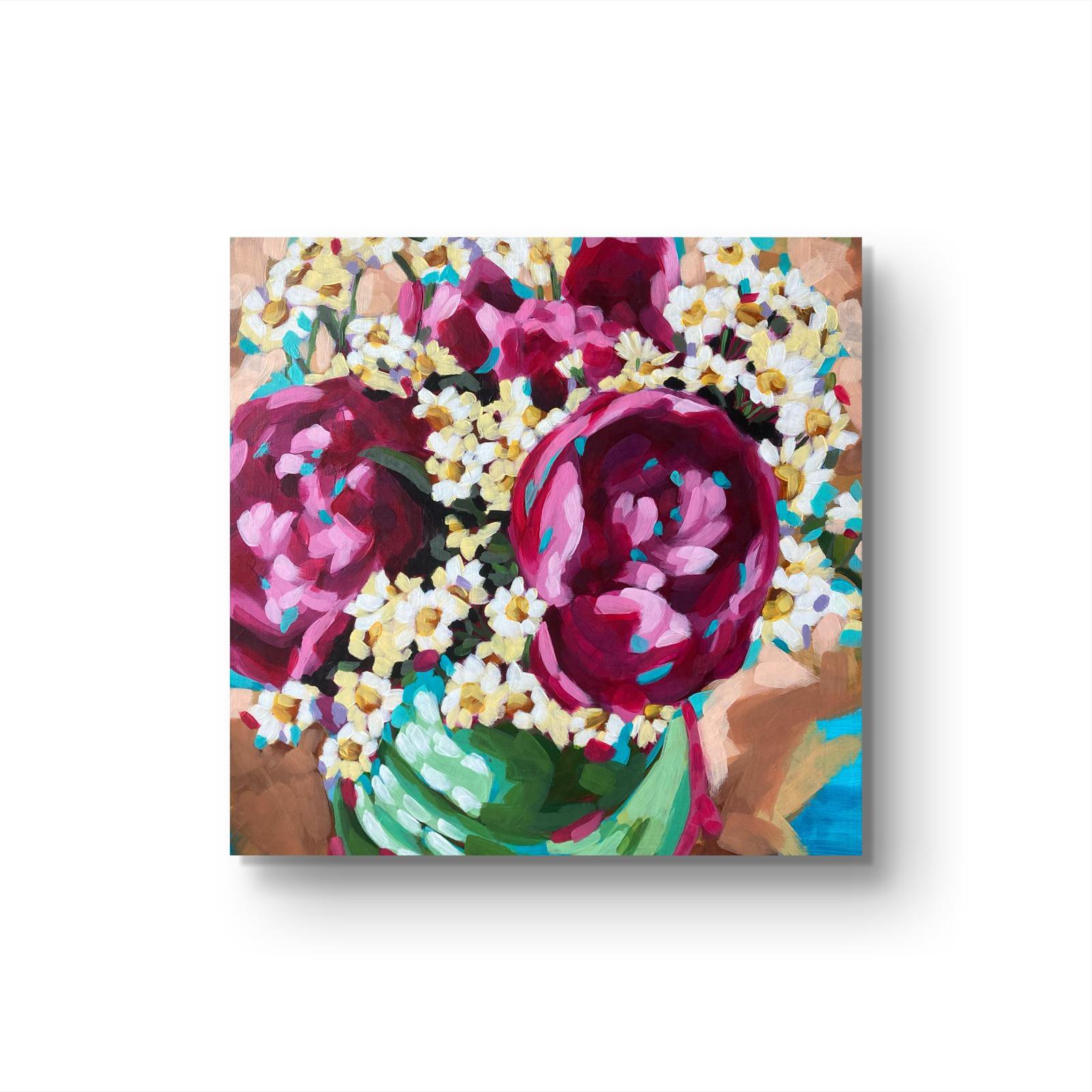 crafticana silvana manoliu romanian modern impressionist paintress painter artist acrylic painting wood panel peony bouquet