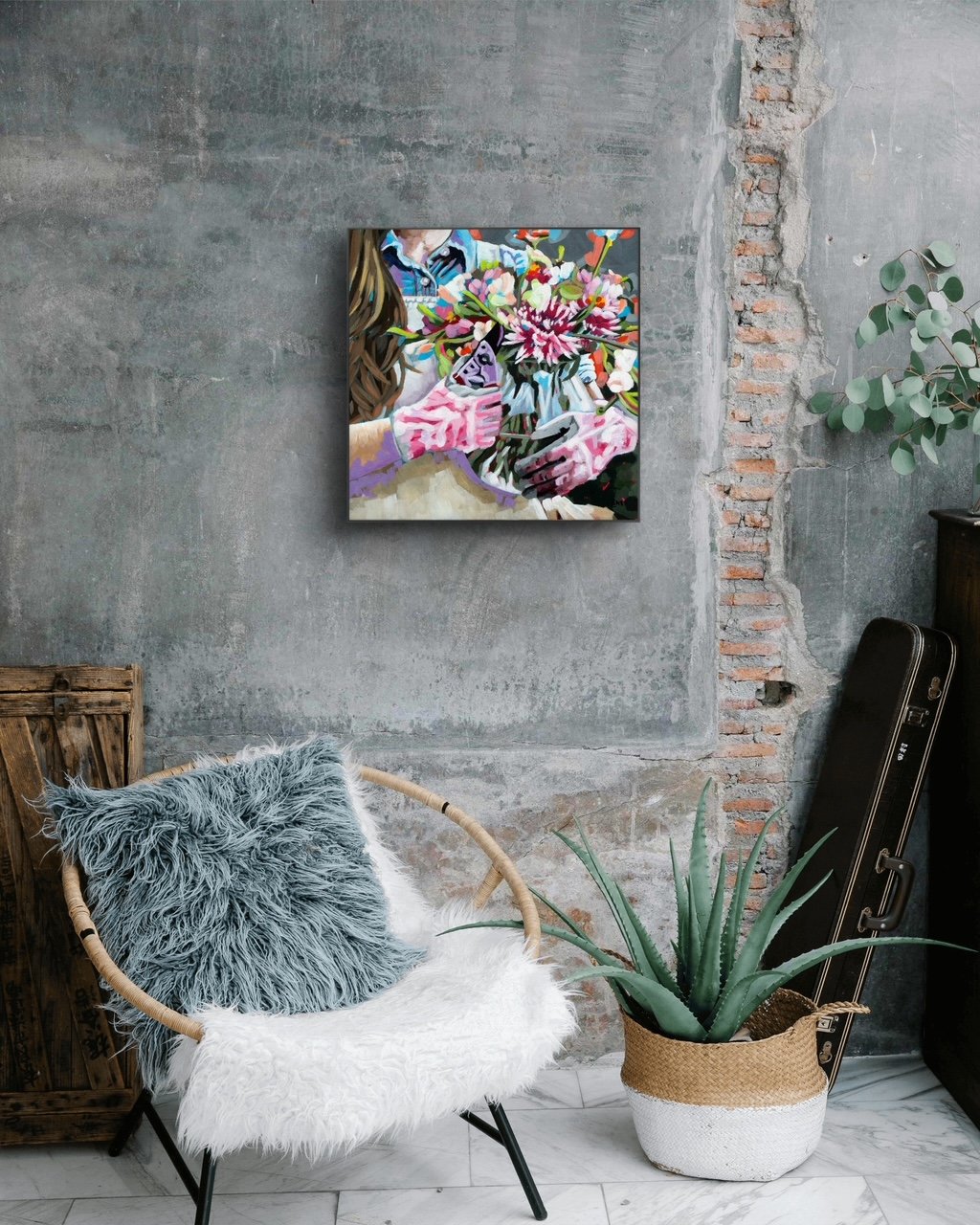 crafticana silvana manoliu romanian modern impressionist paintress acrylic painting wood panel garden shower woman gardener gloved hands apron hand scissor vase cut flowers room mockup