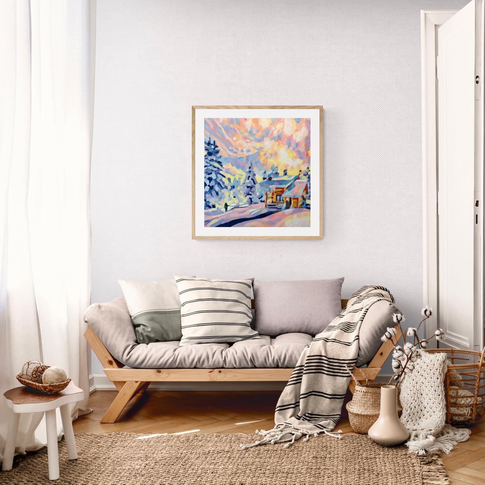 crafticana silvana manoliu romanian modern impressionist paintress painter artist acrylic painting wood panel winter cabin interior mockup