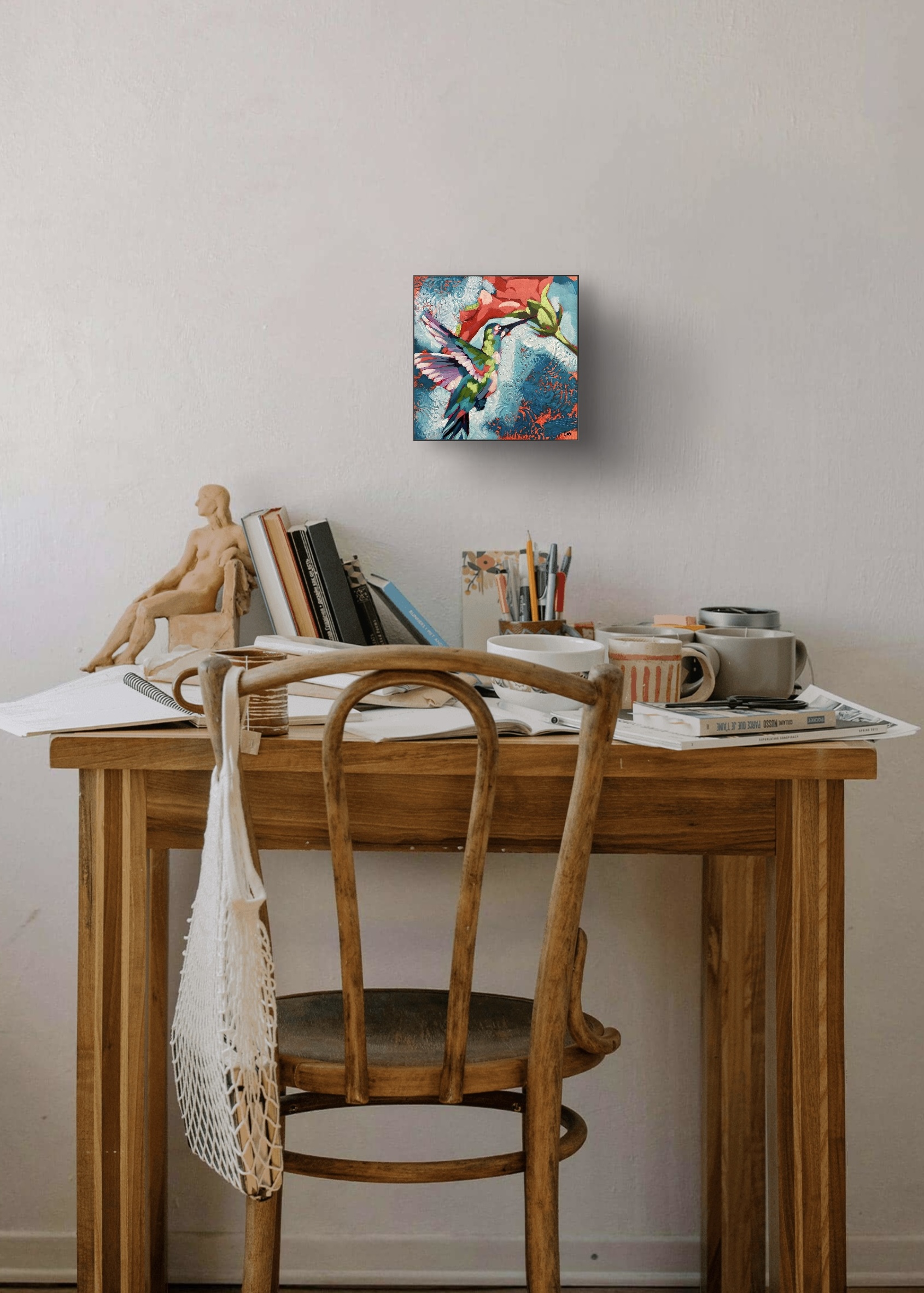 crafticana silvana manoliu romanian modern impressionist paintress painter artist acrylic painting wood panel garden bug hummingbird bird flower  wings orange critter insect garden visitor green blue teal room mock-up