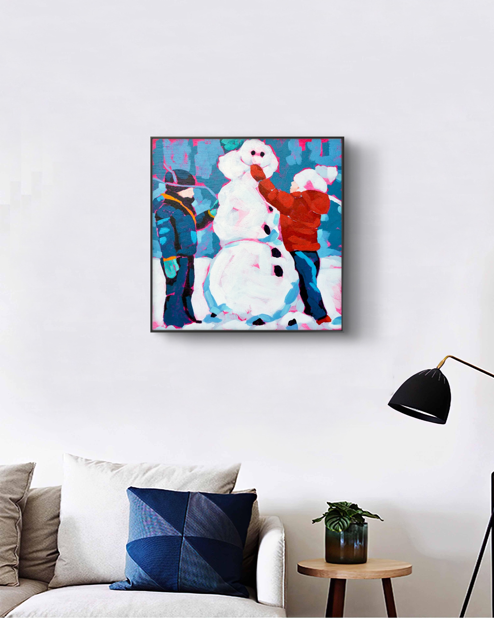 crafticana silvana manoliu romanian modern impressionist acrylic painting wood panel children building snowman interior mockup