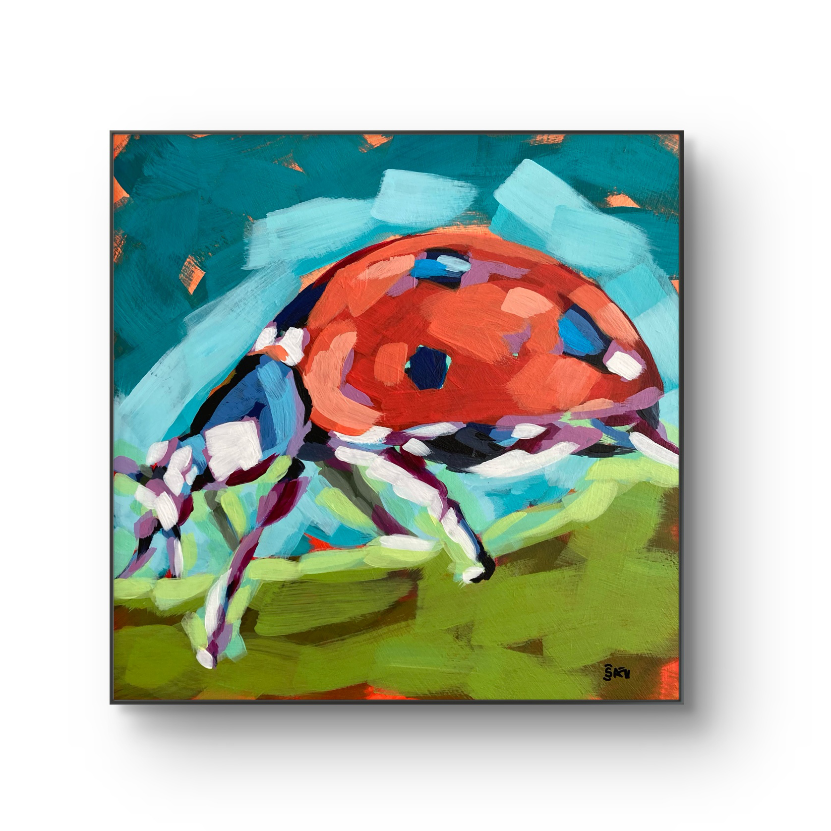 crafticana silvana manoliu romanian modern impressionist paintress painter artist acrylic painting wood panel garden bug ladybug critter insect garden visitor polka dot dots red green blue teal