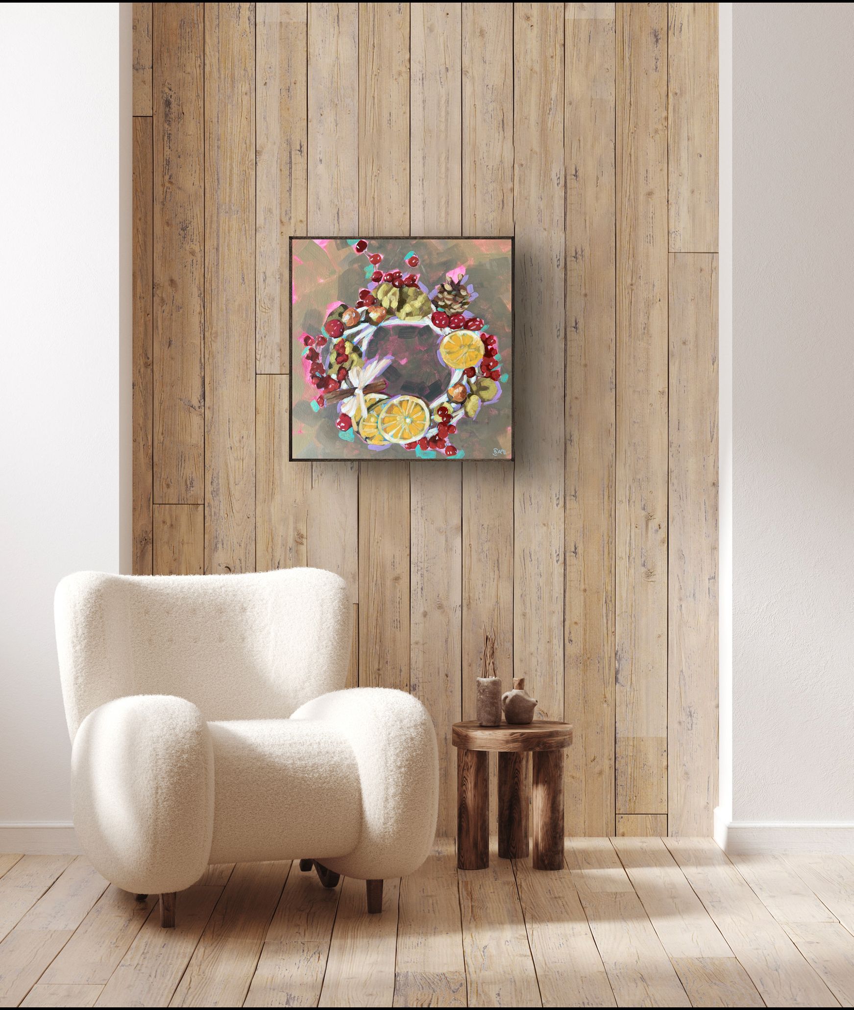 crafticana silvana manoliu romanian modern impressionist paintress painter artist acrylic painting wood panel front door greeting holiday series interior mockup