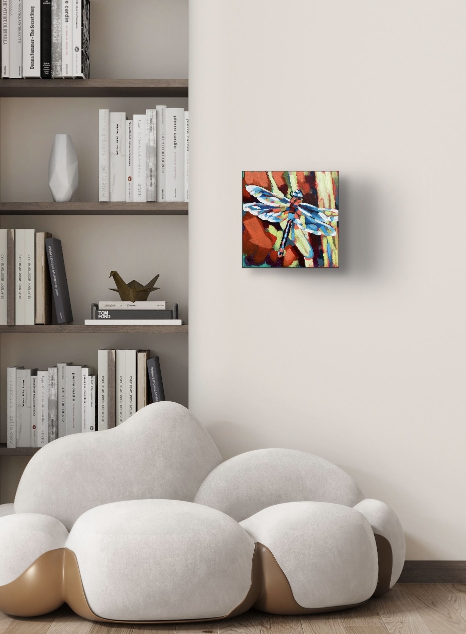 crafticana silvana manoliu romanian modern impressionist paintress painter artist acrylic painting wood panel garden bug dragonfly wings orange critter insect garden visitor  green blue teal room mock-up