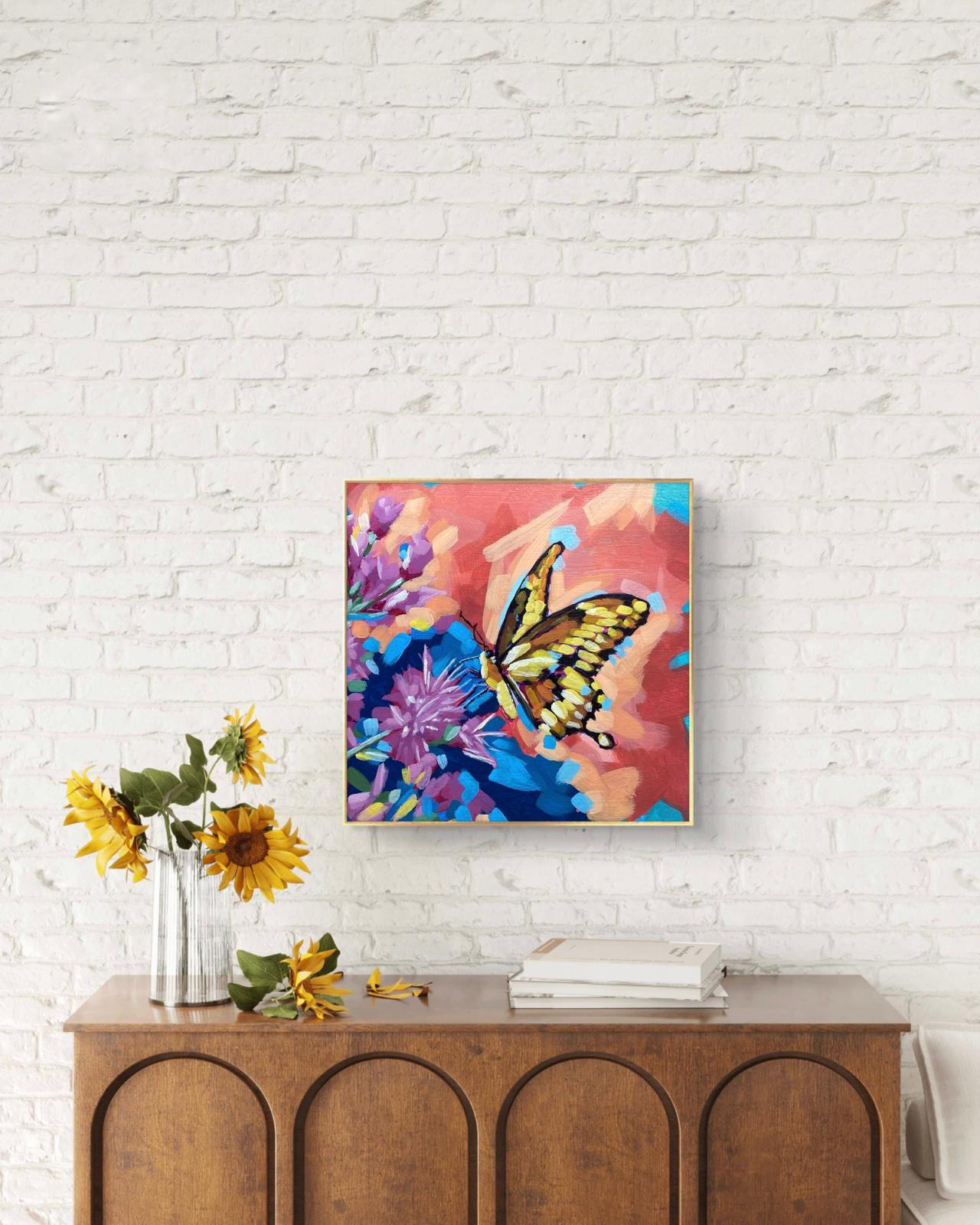 crafticana silvana manoliu romanian modern impressionist paintress painter artist acrylic painting wood panel butterfly flower interior mockup