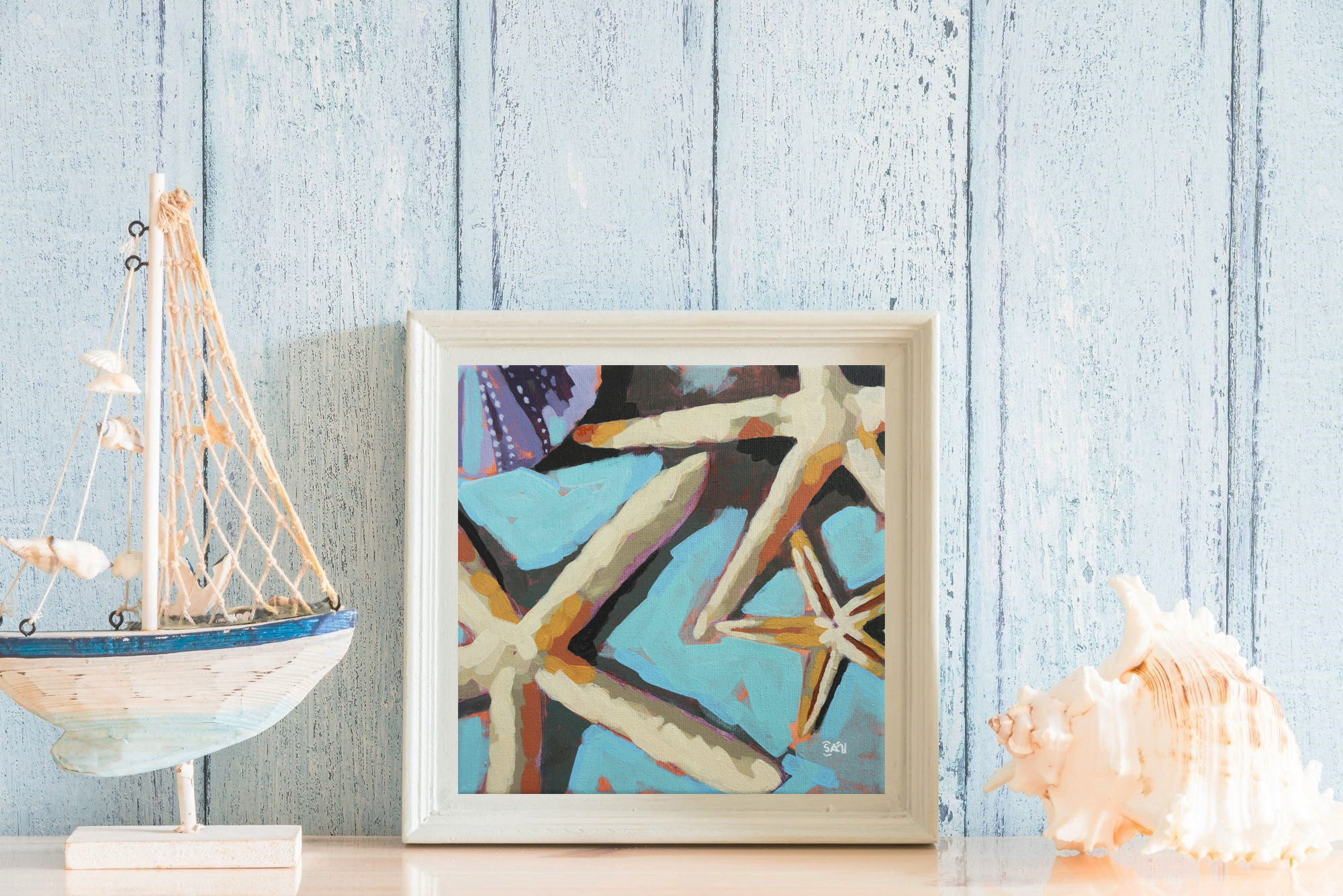 crafticana silvana manoliu romanian modern impressionist paintress painter artist acrylic painting wood panel treasures of the sea starfish