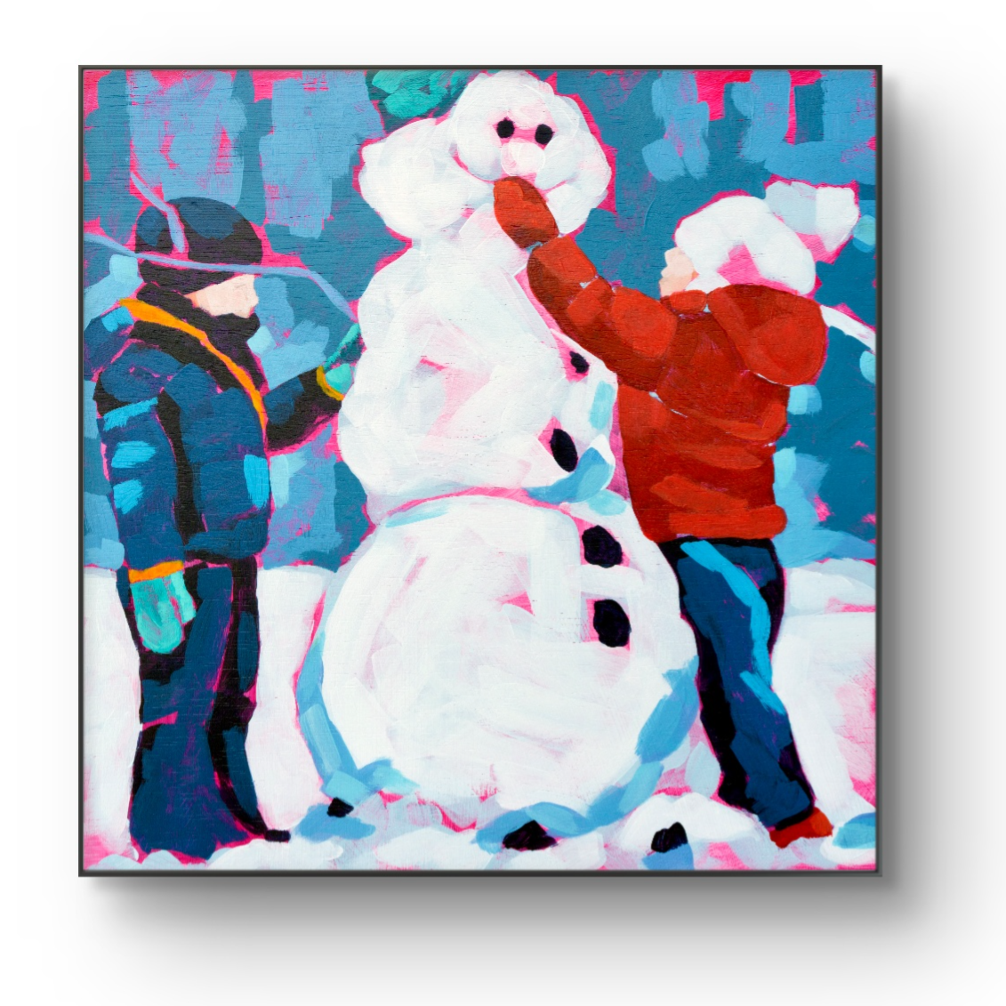crafticana silvana manoliu romanian modern impressionist acrylic painting wood panel children building snowman 