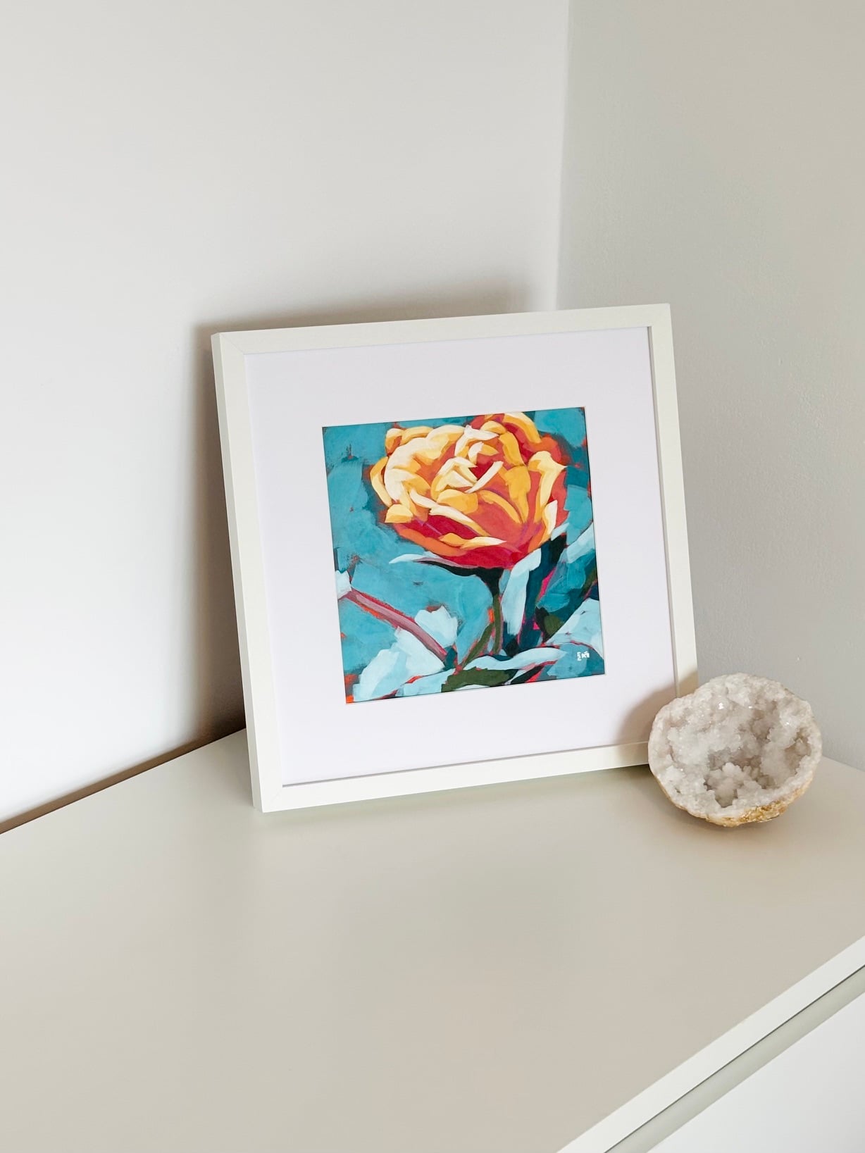 Orange rose modern impressionist acrylic painting on watercolour panel framed by artist Silvana-Andreea Manoliu Crafticana Flower Fever series 2026