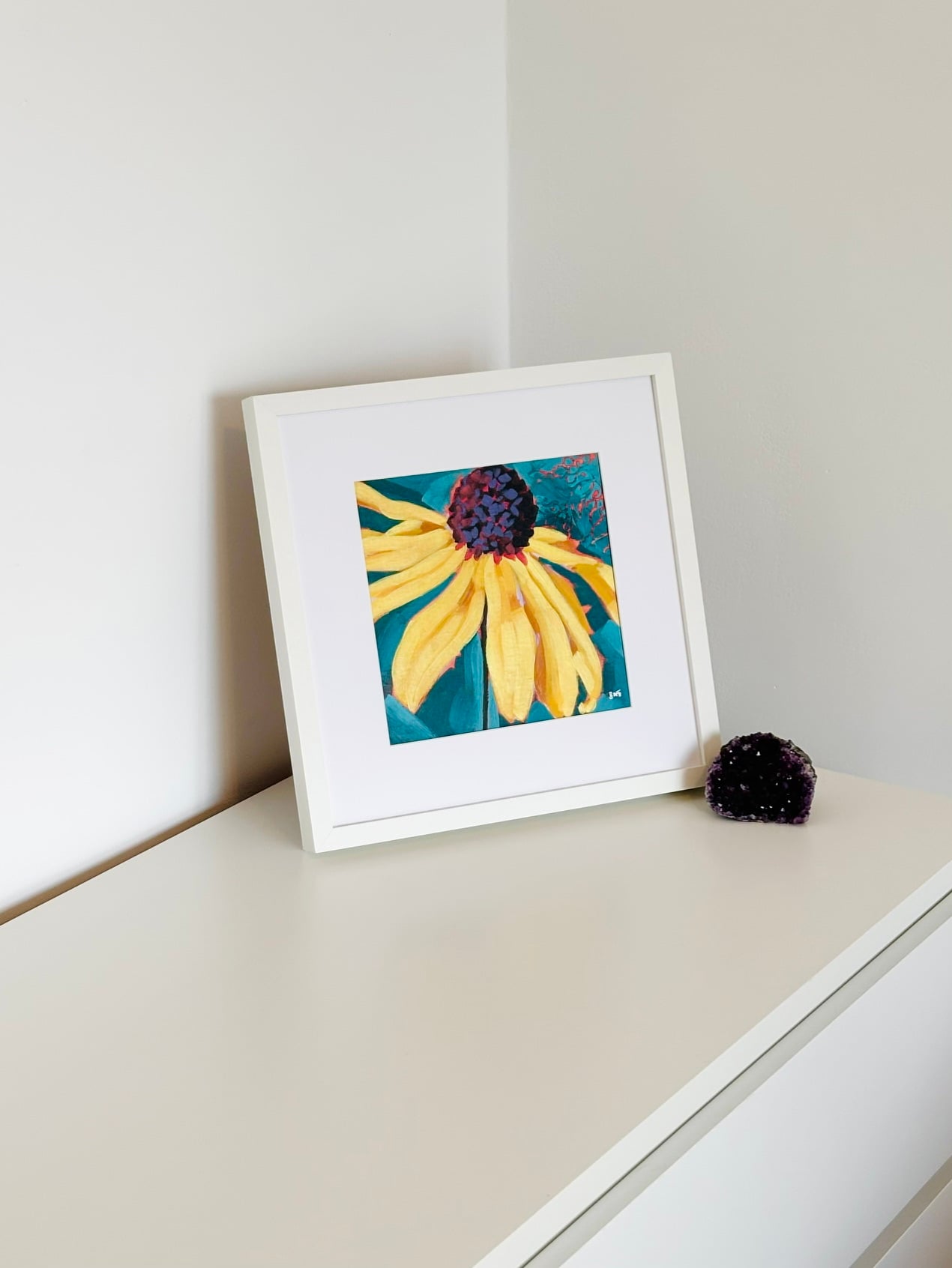 Black-eyed-Susan modern impressionist acrylic painting on watercolour panel framed by artist Silvana-Andreea Manoliu Crafticana Flower Fever series 2026