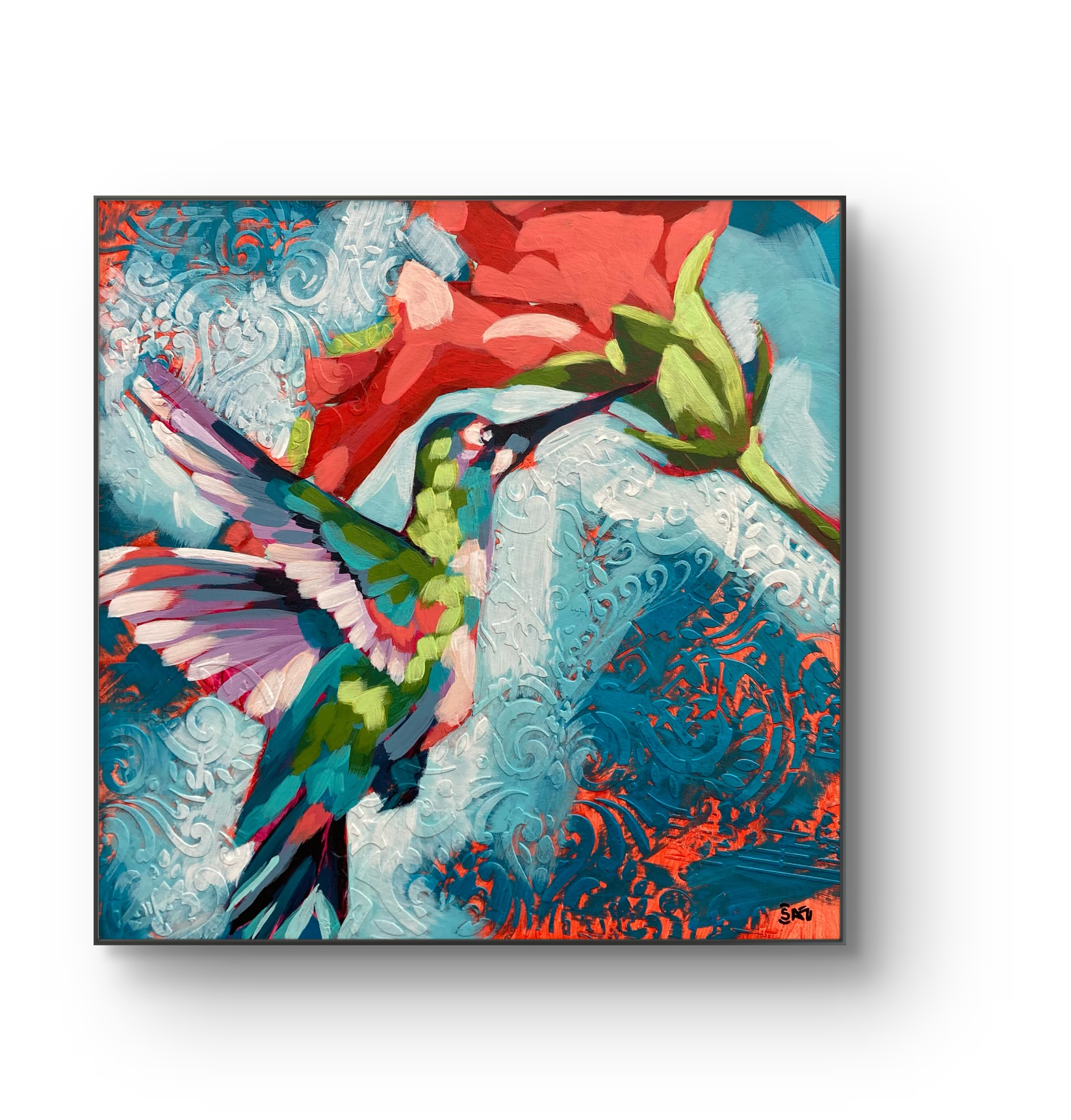 crafticana silvana manoliu romanian modern impressionist paintress painter artist acrylic painting wood panel garden bug hummingbird bird flower  wings orange critter insect garden visitor green blue teal