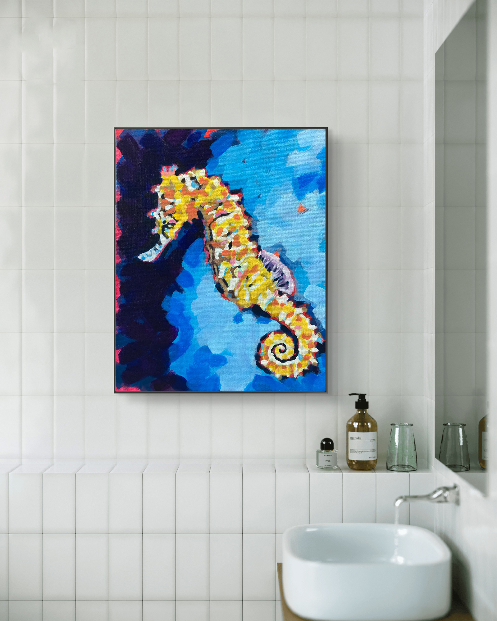 crafticana silvana manoliu romanian modern impressionist paintress painter artist acrylic painting canvas panel lemon seahorse sea life series interior mockup