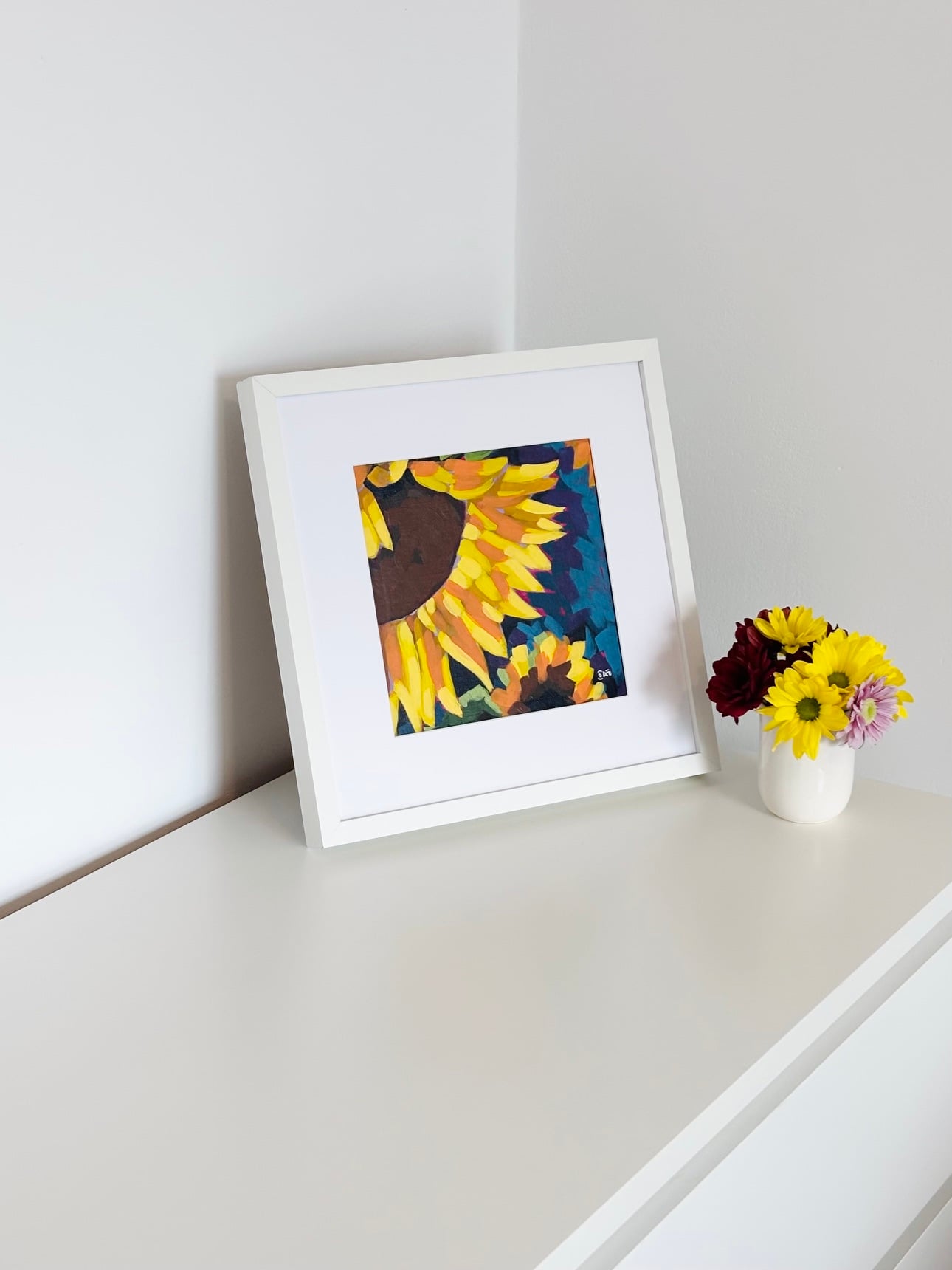 Sunflower modern impressionist acrylic painting on watercolour panel framed by artist Silvana-Andreea Manoliu Crafticana Flower Fever series 2026