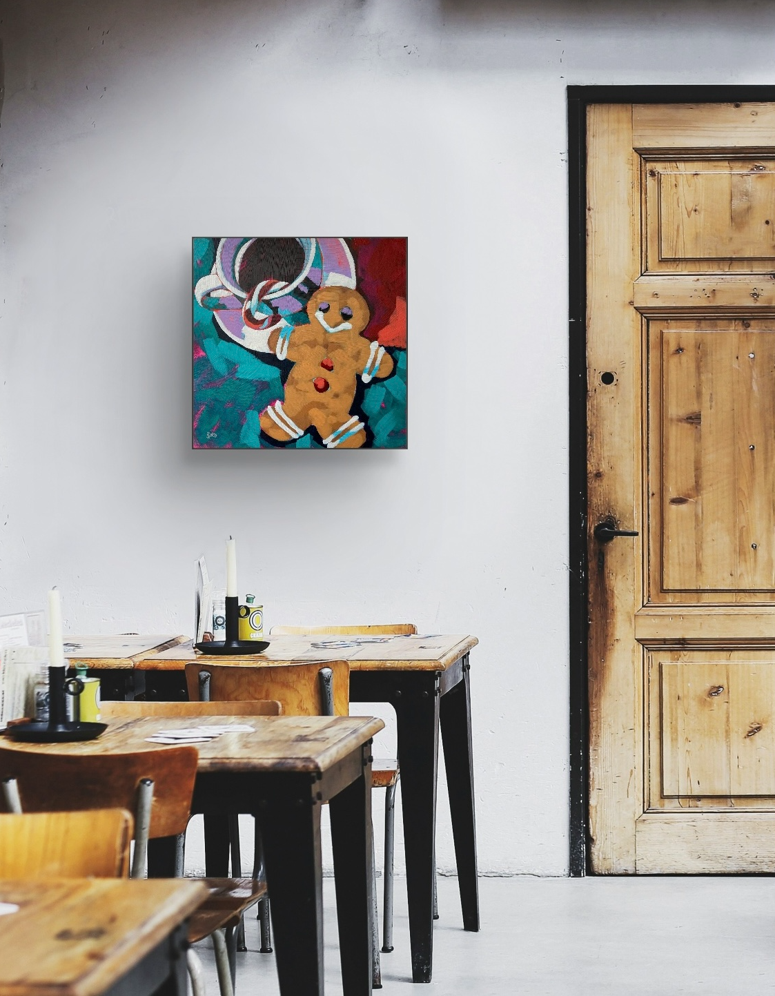 crafticana silvana manoliu romanian modern impressionist paintress painter artist textured acrylic painting wood panel gingerbread man holiday series