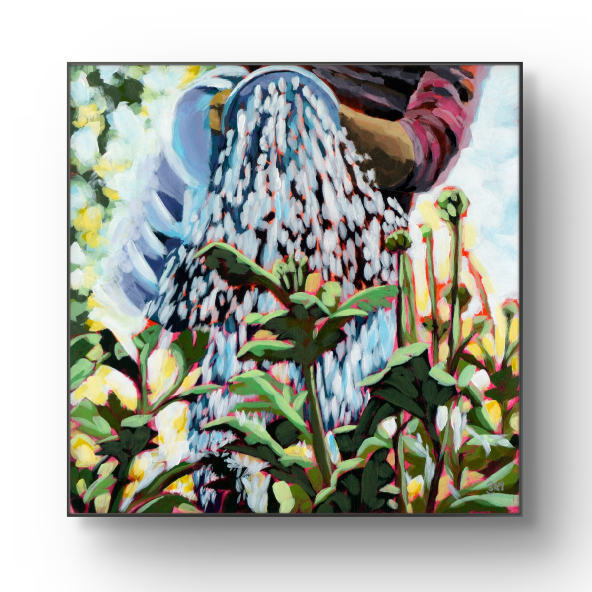 crafticana silvana manoliu romanian modern impressionist paintress acrylic painting wood panel garden shower gardener watering can water plants flowers garden watering garden