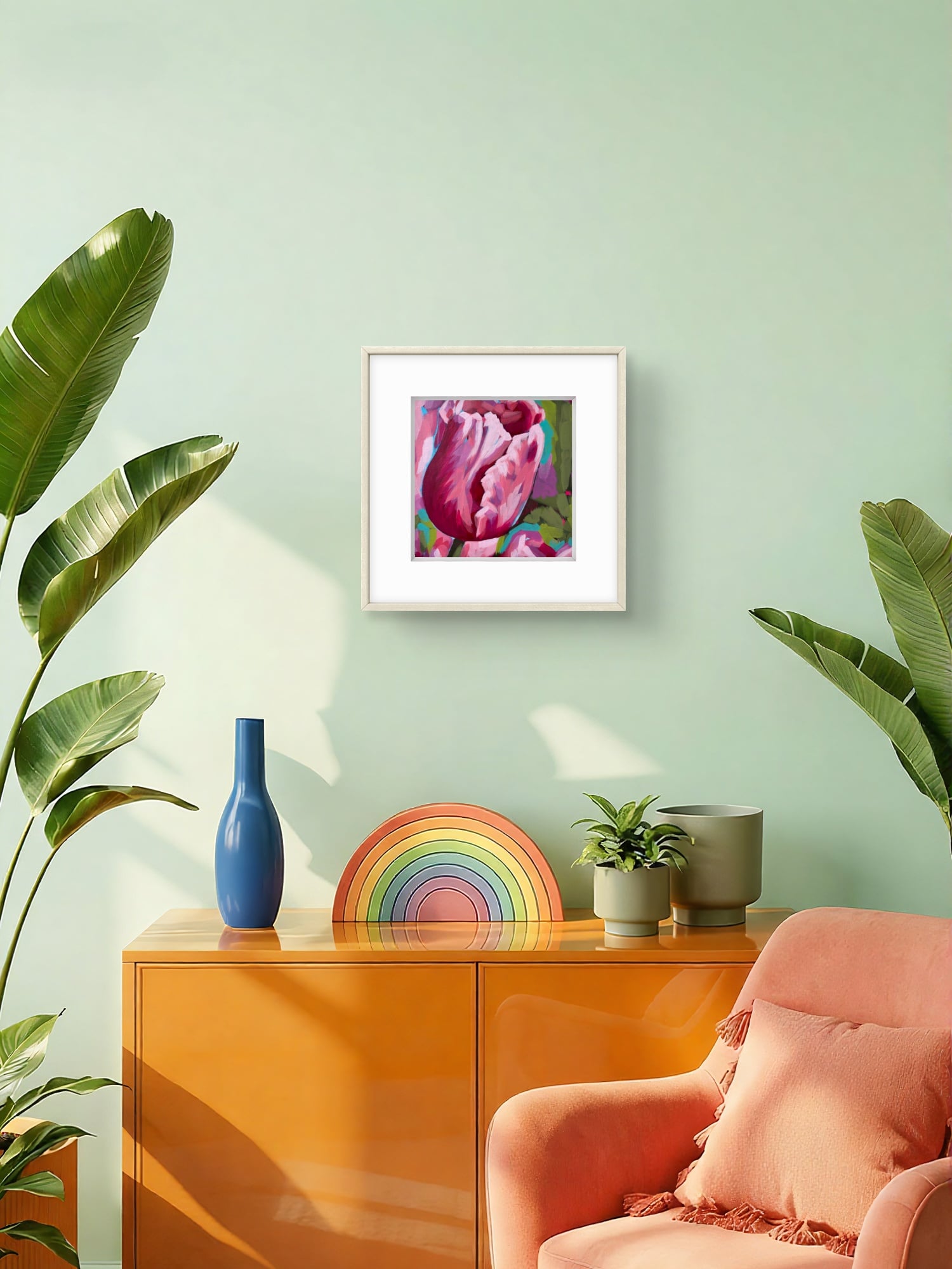 Mockup Pink tulip modern impressionist acrylic painting on watercolour panel framed by artist Silvana-Andreea Manoliu Crafticana Flower Fever series 2026.jpeg