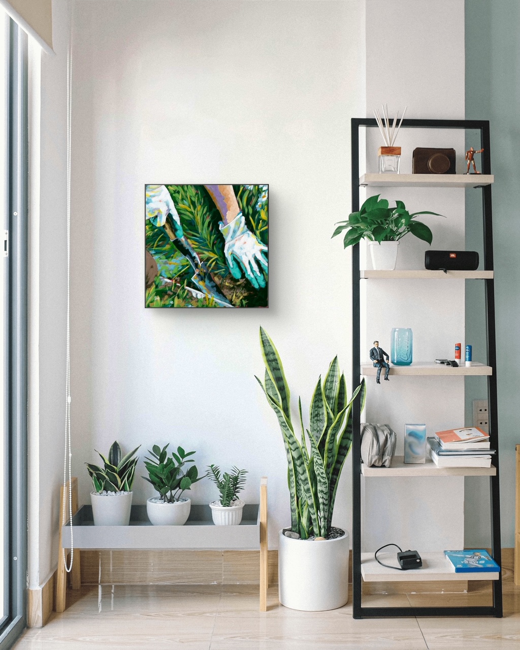 crafticana silvana manoliu romanian modern impressionist paintress acrylic painting wood panel making space garden gloves hands trowel soil grass green gardening room mock-up