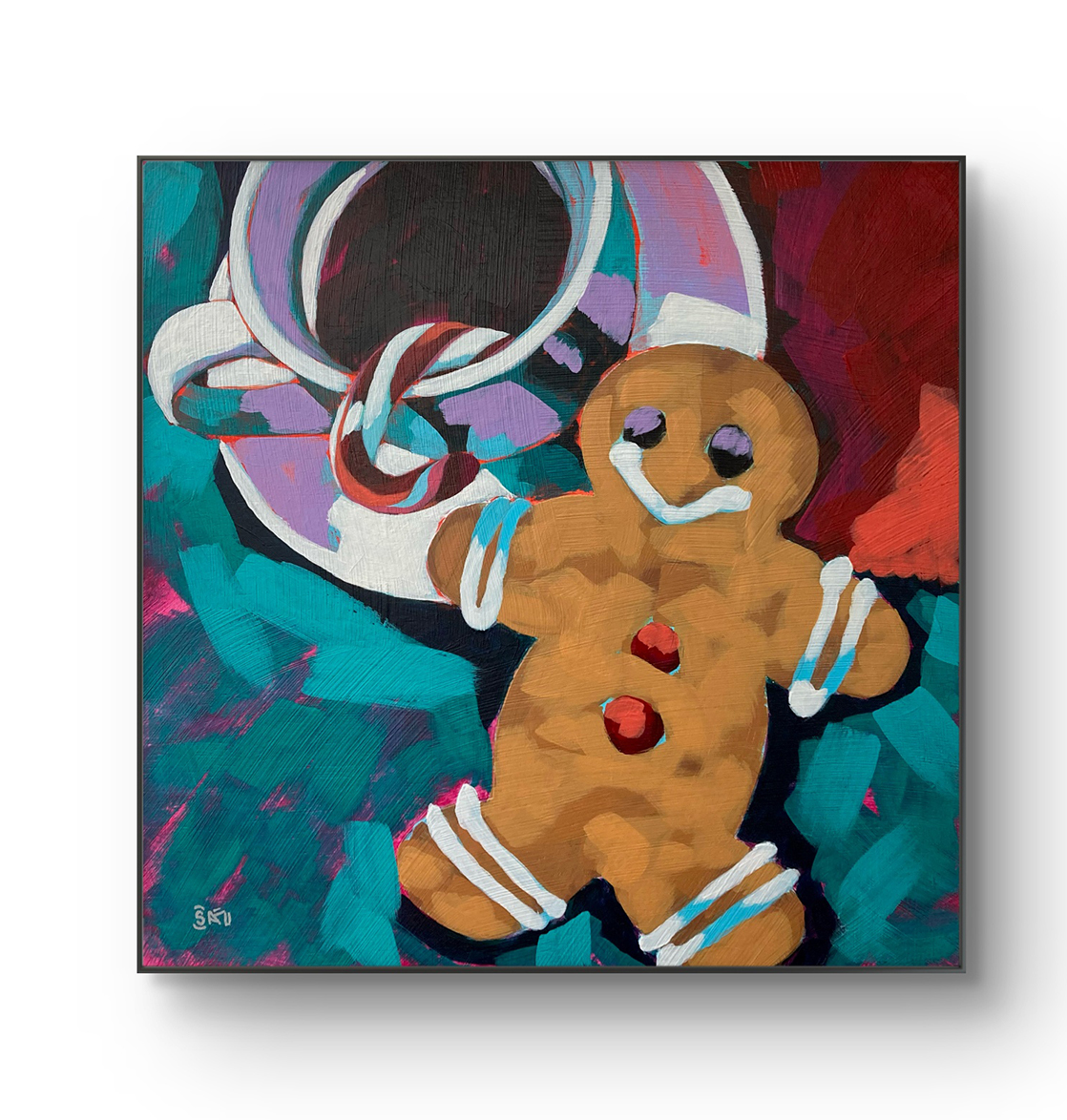 crafticana silvana manoliu romanian modern impressionist paintress painter artist textured acrylic painting wood panel gingerbread man holiday series