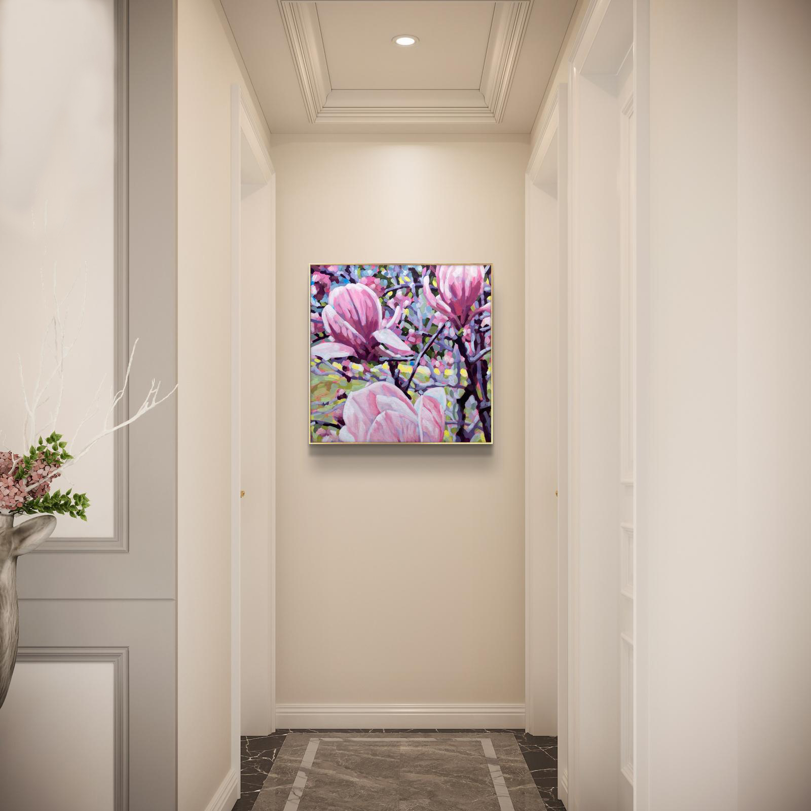 crafticana silvana manoliu romanian modern impressionist paintress painter artist acrylic painting wood panel magnolias interior mockup