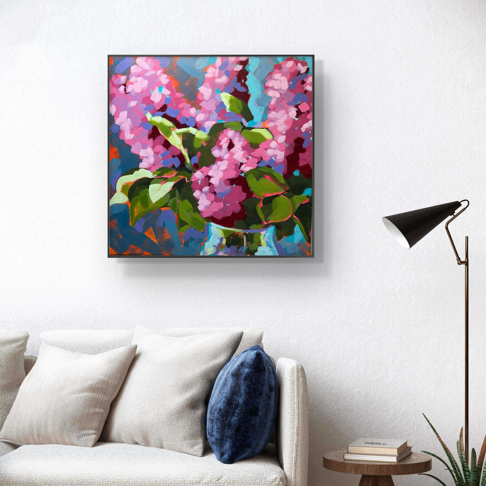 crafticana silvana manoliu romanian modern impressionist paintress painter artist acrylic painting canvas lilacs interior mockup