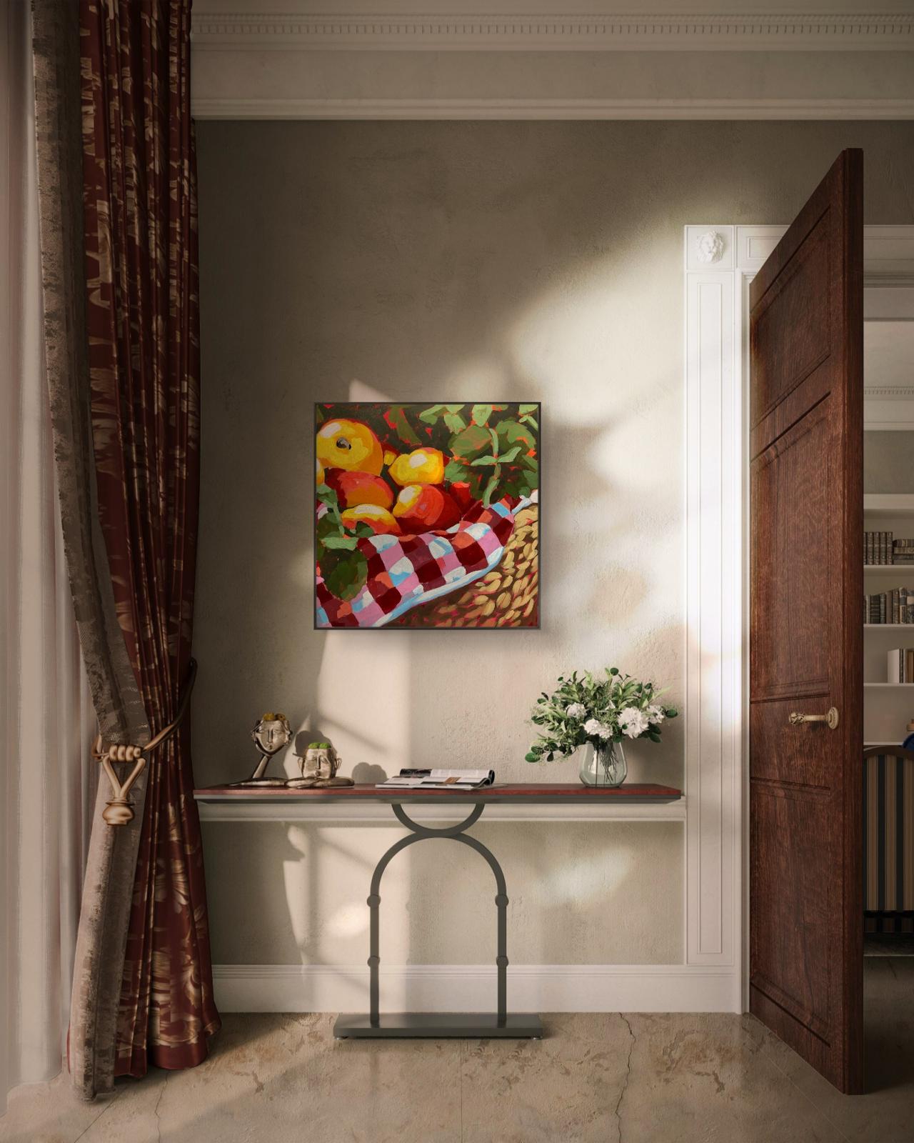 crafticana silvana manoliu romanian modern impressionist paintress painter artist acrylic painting wood panel apple basket autumn series interior mockup