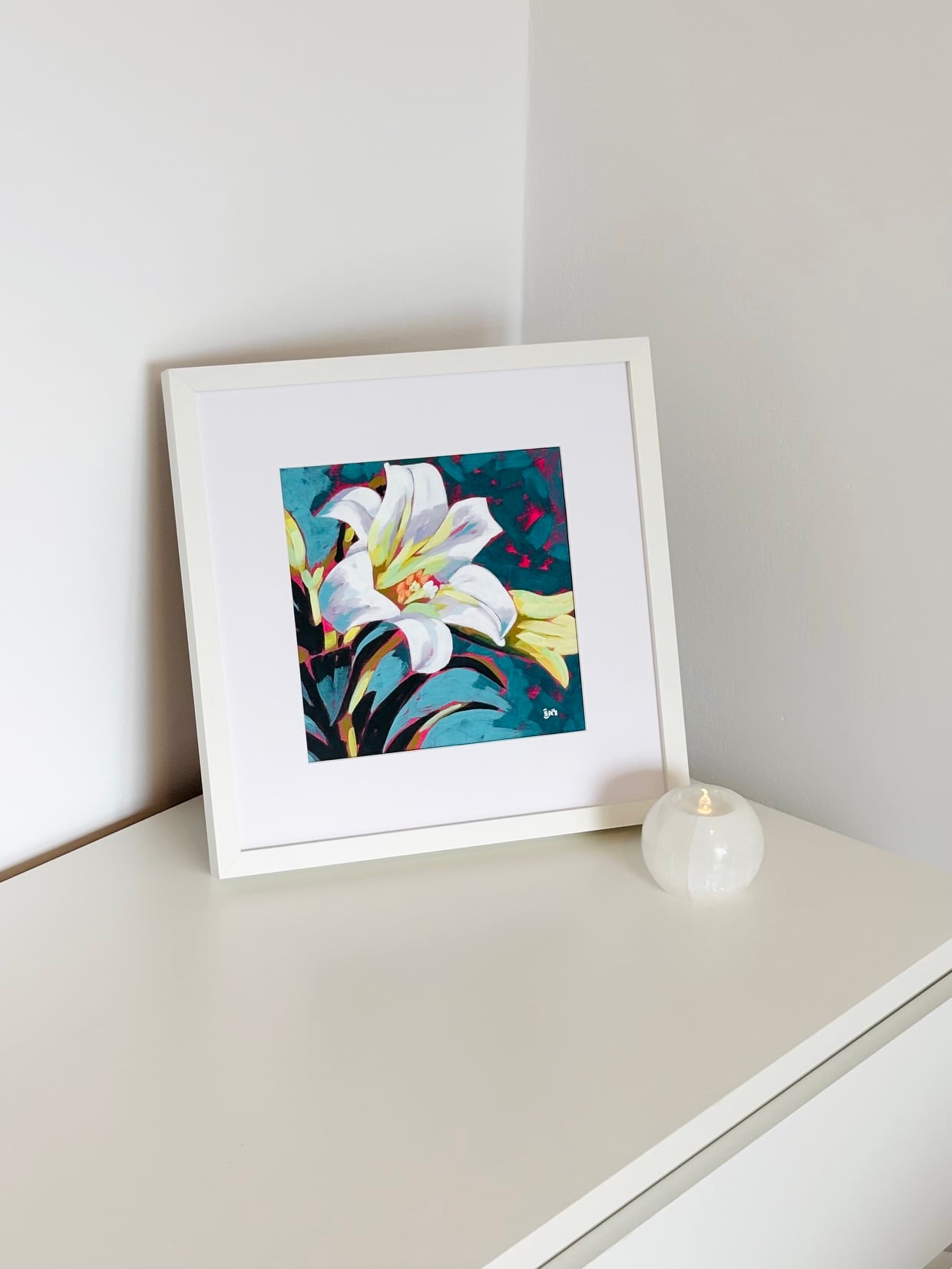 White lily modern impressionist acrylic painting on watercolour panel framed by artist Silvana-Andreea Manoliu Crafticana Flower Fever series 2026