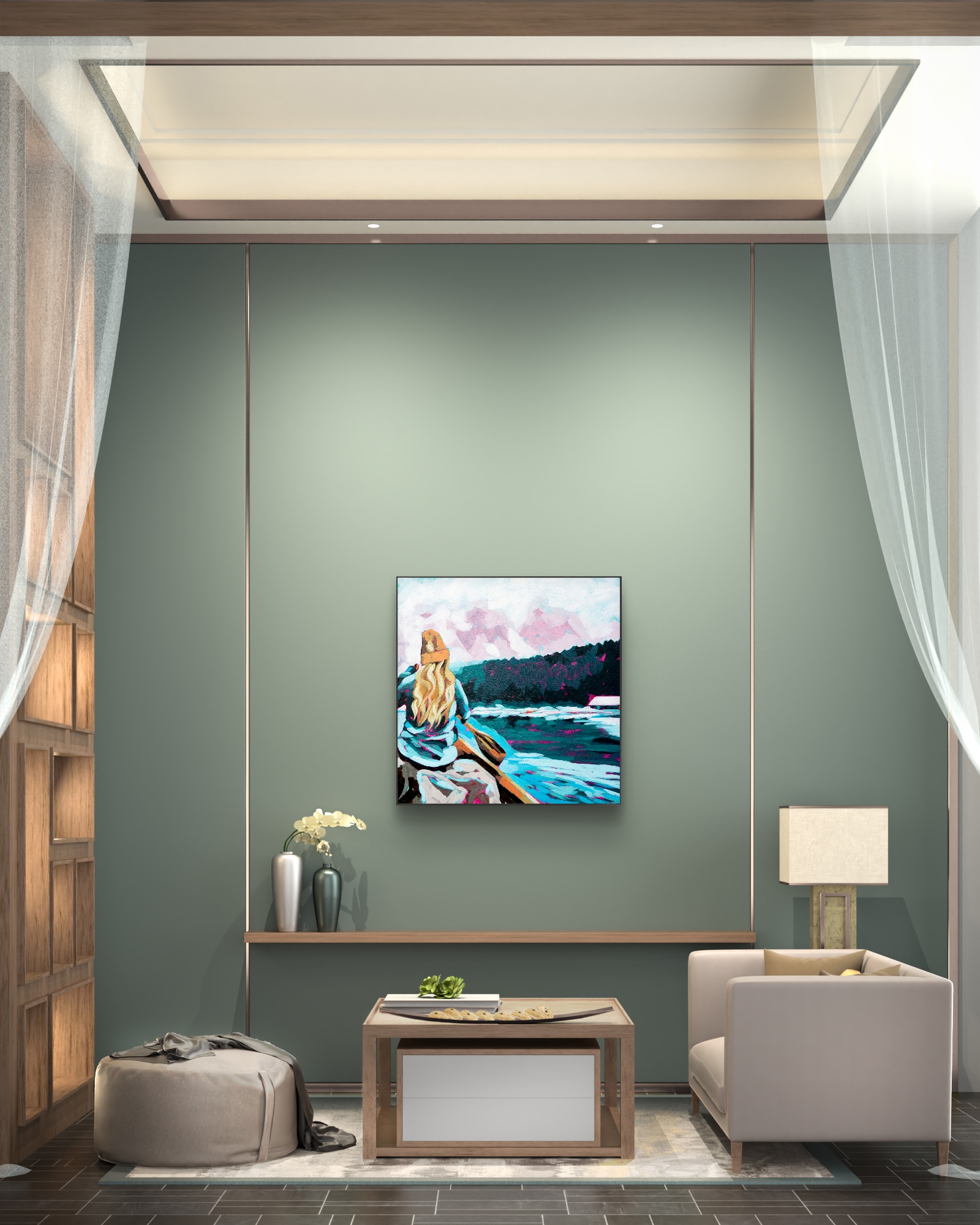 crafticana silvana manoliu romanian modern impressionist paintress acrylic painting wood panel landscape paddler kayak lake mountains forest interior mockup