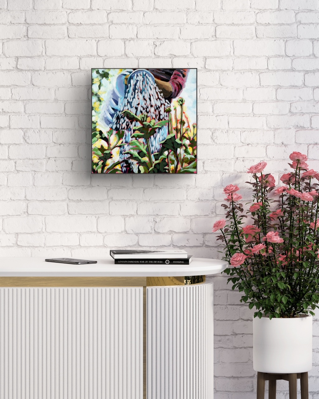 crafticana silvana manoliu romanian modern impressionist paintress acrylic painting wood panel garden shower gardener watering can water plants flowers garden watering garden room mock-up