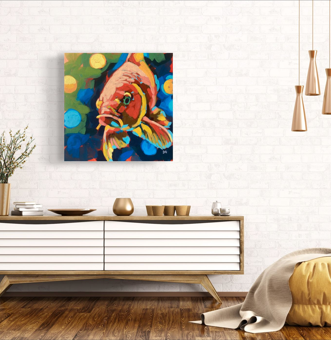crafticana silvana manoliu romanian modern impressionist paintress painter artist acrylic painting wood panel carrot orange koi fish sea life series interior mockup