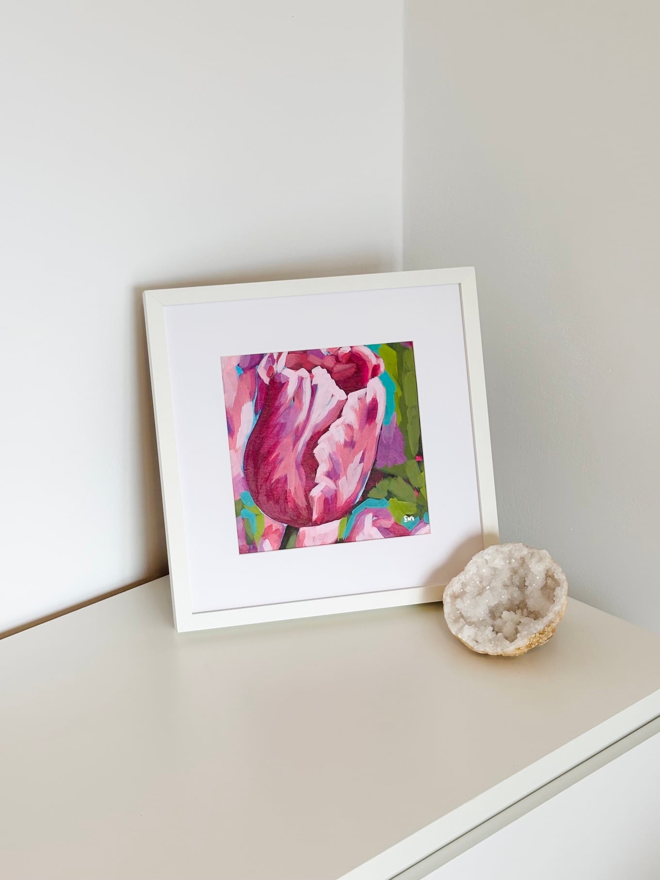 Pink tulip modern impressionist acrylic painting on watercolour panel framed by artist Silvana-Andreea Manoliu Crafticana Flower Fever series 2026