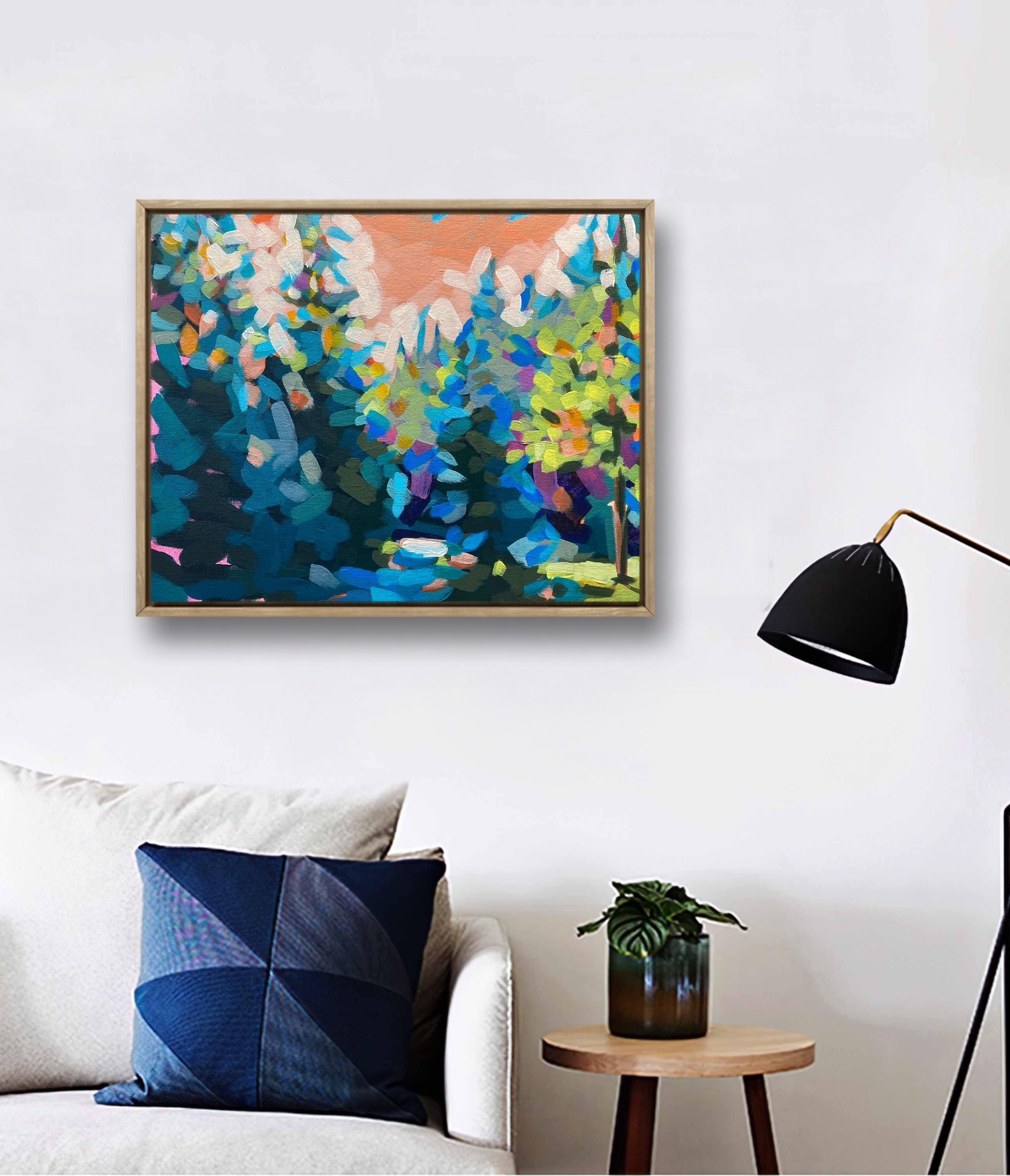 crafticana silvana manoliu romanian modern impressionist paintress painter artist acrylic painting canvas panel morning forest interior mockup