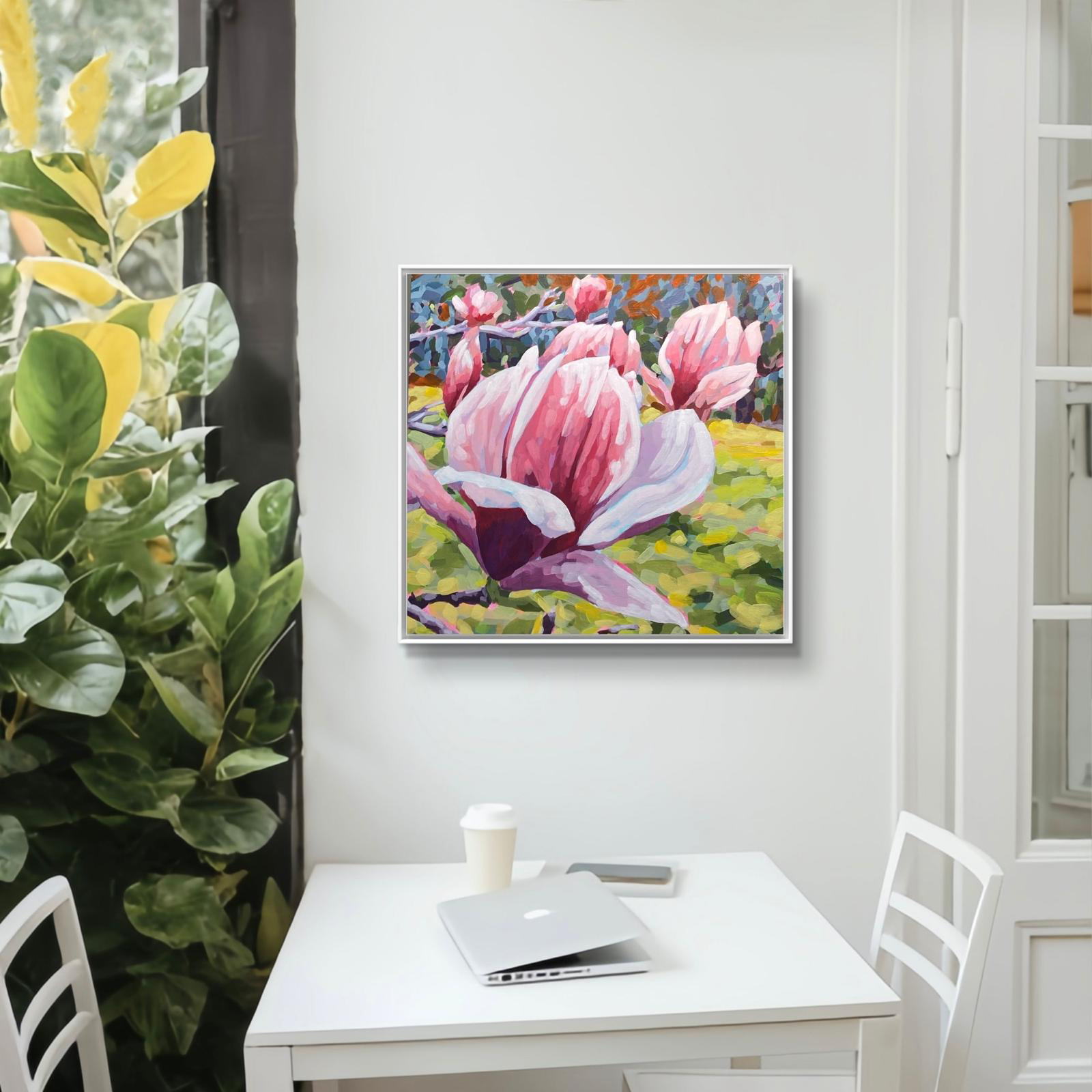 crafticana silvana manoliu romanian modern impressionist paintress painter artist acrylic painting wood panel magnolia bloom interior mockup