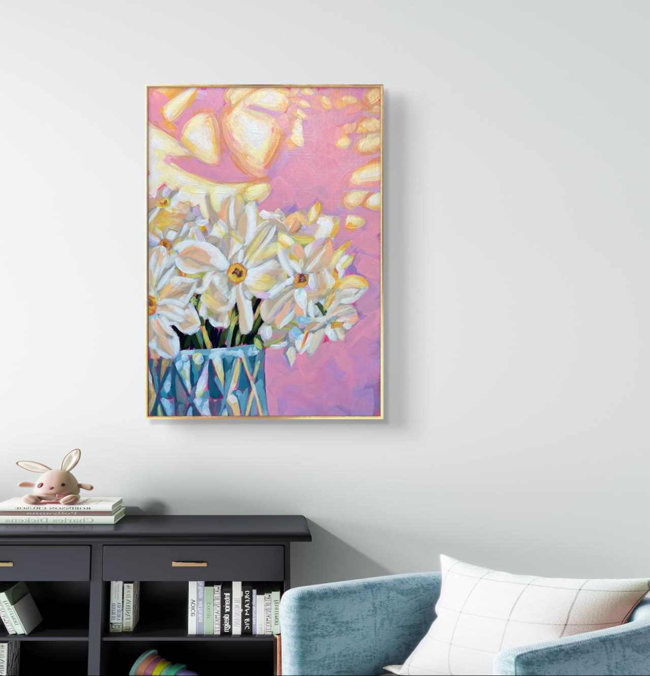 crafticana silvana manoliu romanian modern impressionist paintress painter artist acrylic painting wood panel white daffodils interior mockup