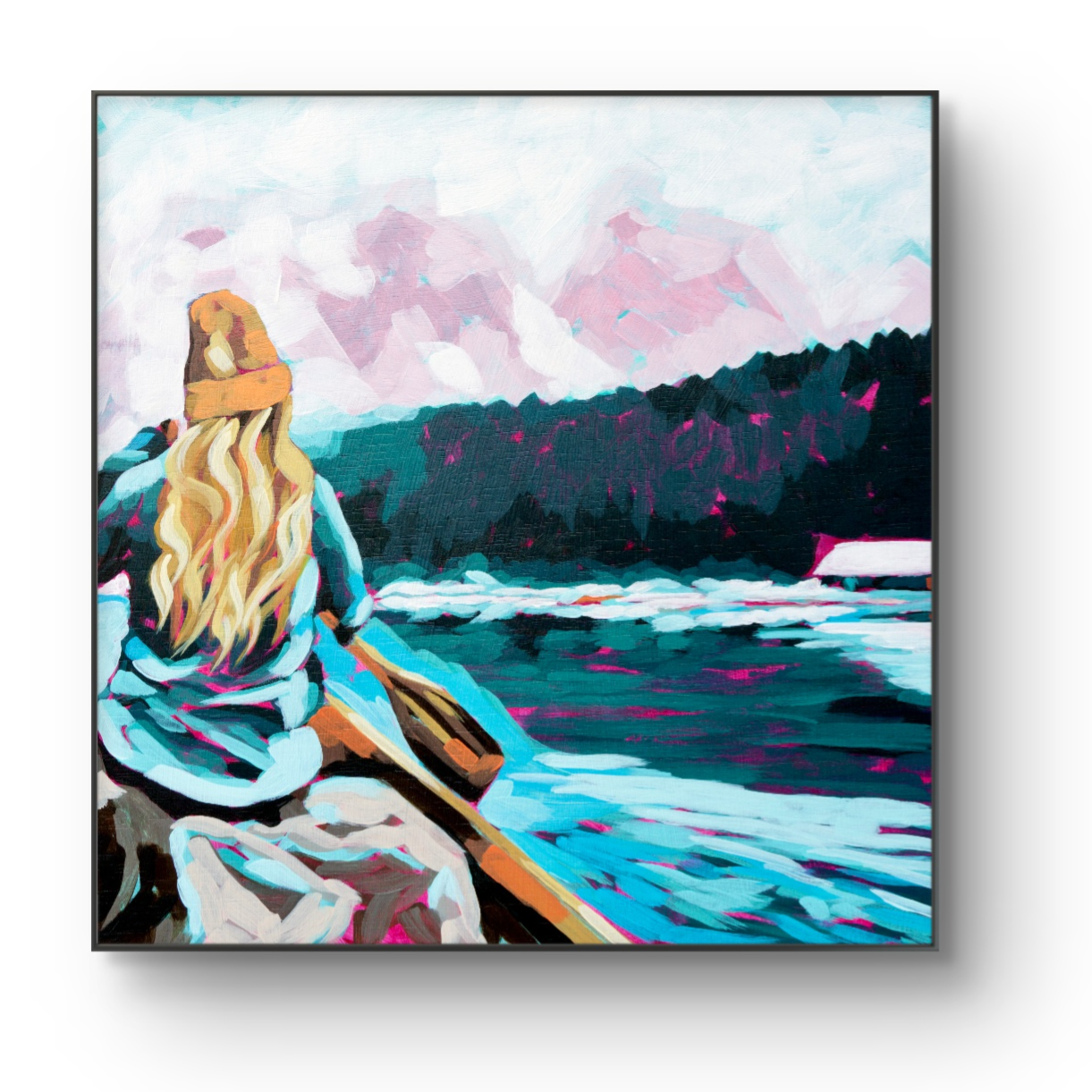 crafticana silvana manoliu romanian modern impressionist paintress acrylic painting wood panel landscape paddler kayak lake mountains forest