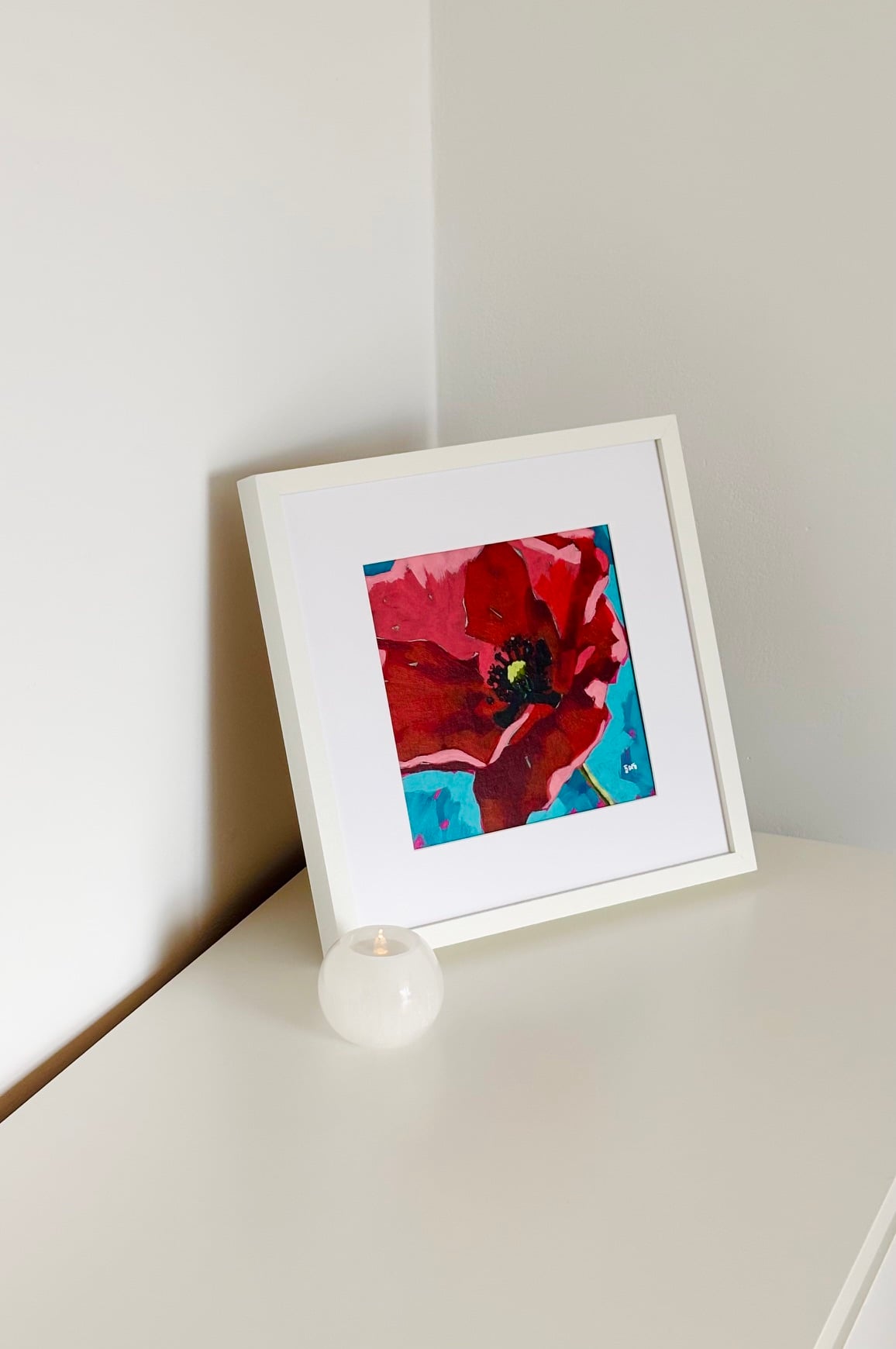 Red poppy modern impressionist acrylic painting on watercolour panel framed by artist Silvana-Andreea Manoliu Crafticana Flower Fever series 2026