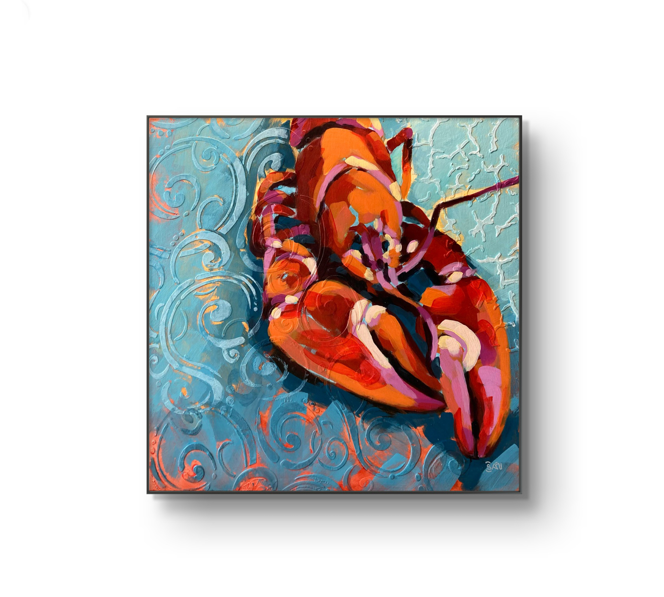 crafticana silvana manoliu romanian modern impressionist paintress painter artist textured acrylic painting wood panel clawstopher crayfish sea life series