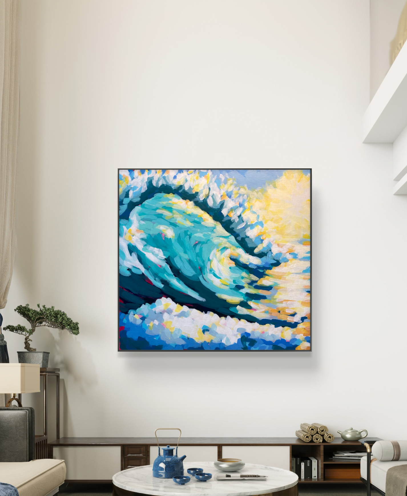 crafticana silvana manoliu romanian modern impressionist paintress painter artist acrylic painting wood panel crashing wave interior mockup